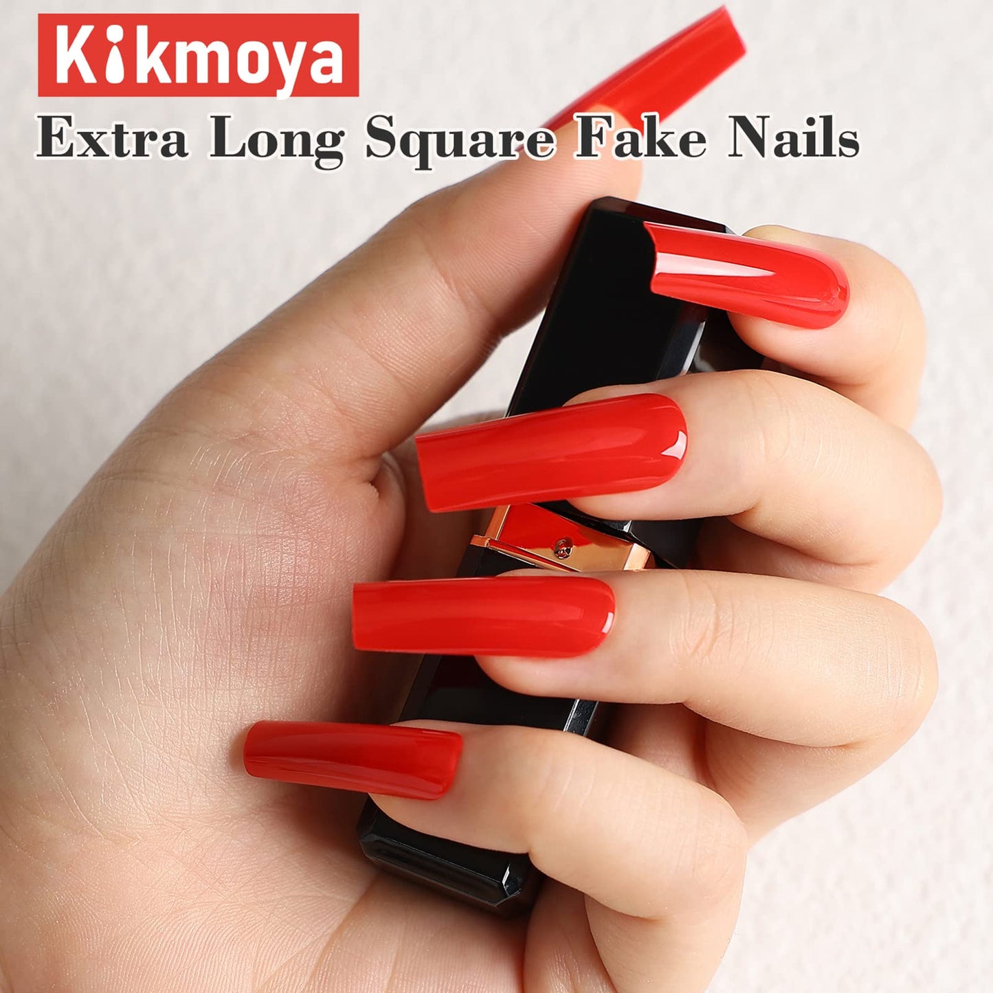 Kikmoya Extra Long False Nails Square Press on Nails Black Fake Nails 24pcs Nail Tips Full Cover Acrylic Nails with Green Gems Glossy Finger Manicure Stick on Nails for Women (Gem Black)