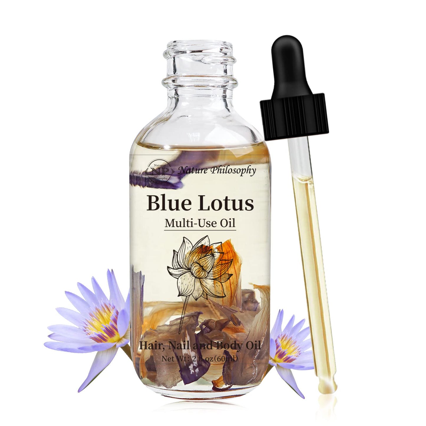 Blue Lotus Multi-Use Oil for Face, Body and Hair - Organic Plant Fragrant Essential Oil for Dry Skin, Scalp and Nails - 2 Fl Oz