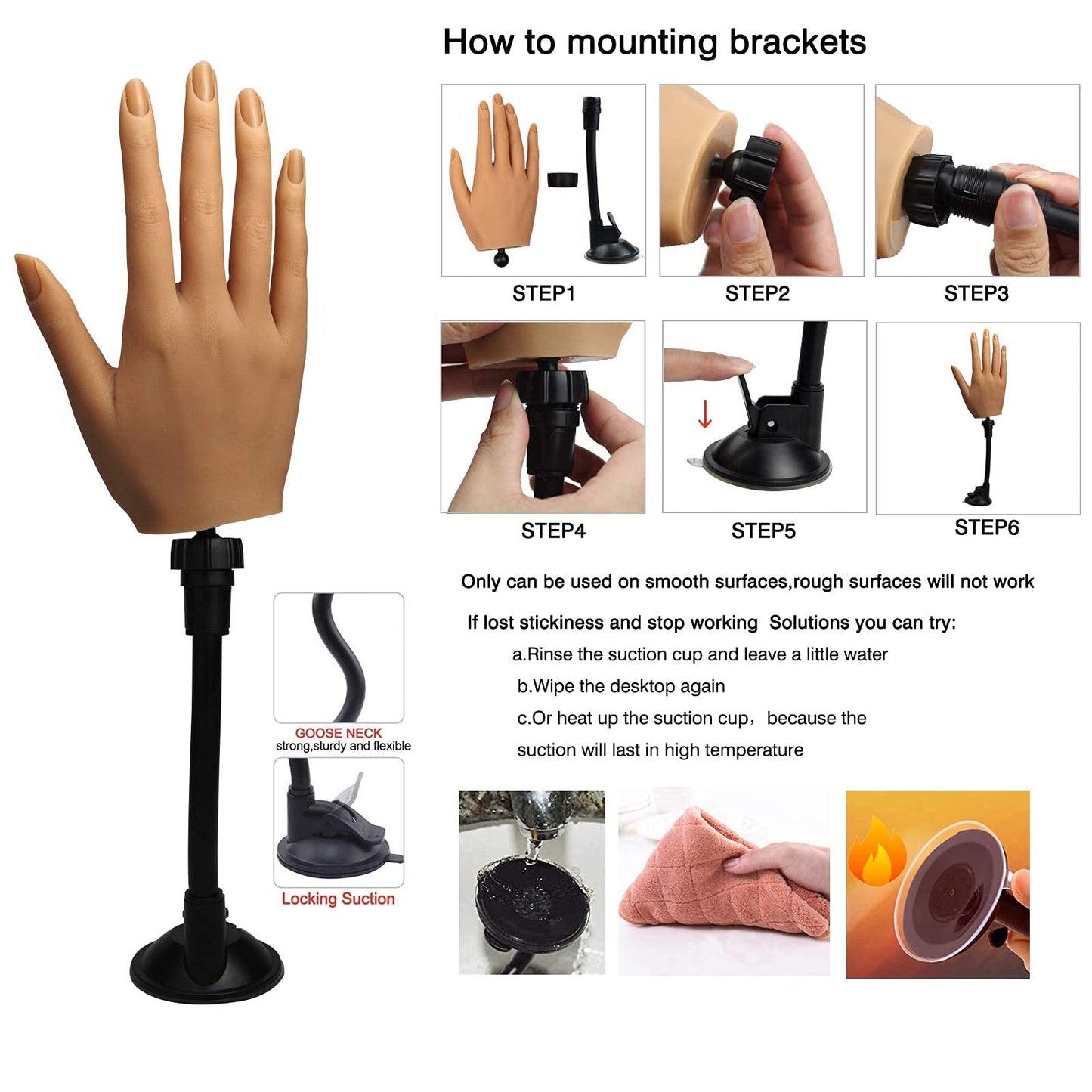 Silicone Practice Hand for Acrylic Nails, Flexible Bendable Female Mannequin Life Size Practice Hand with Stand for Nails Practice Nail Art Tools (3#-Right hand)