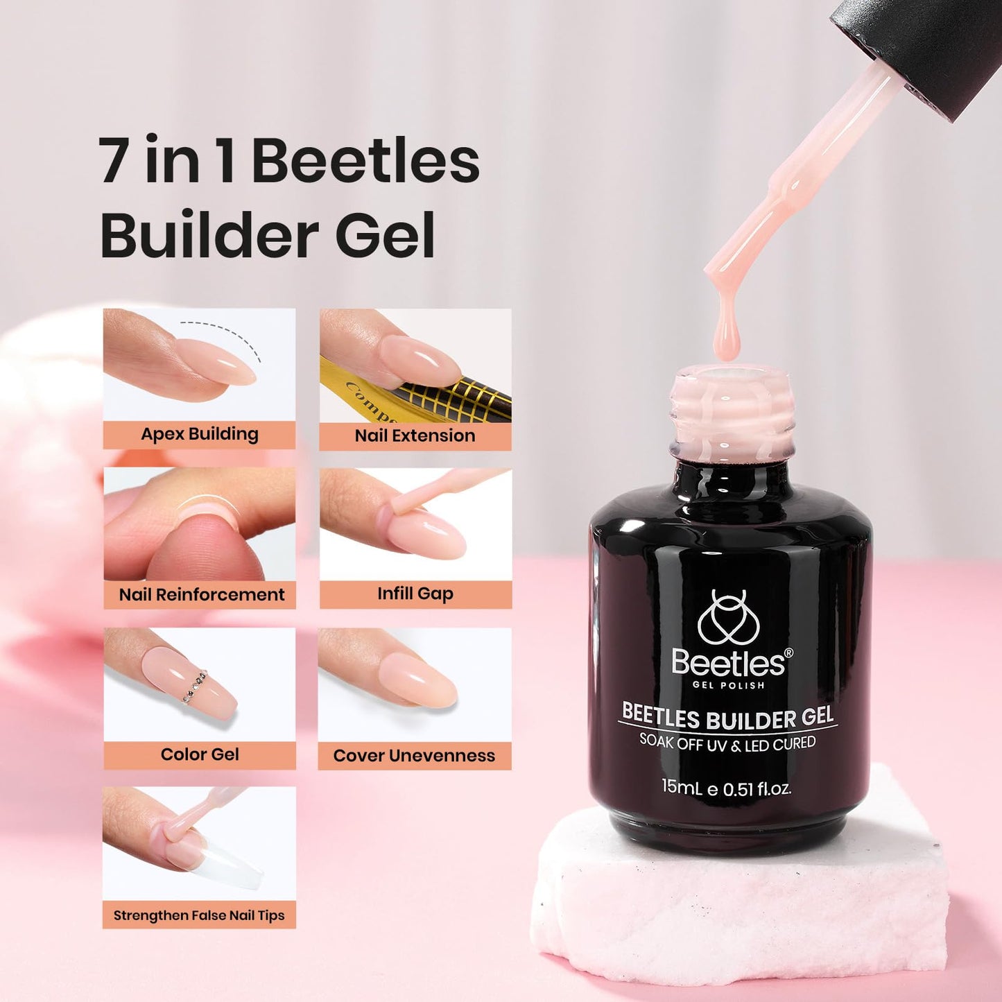 Beetles Builder Nail Gel for Nails 7 in 1 Cover Nude Translucent Builder Strengthener Gel Jelly Gel 15ML Hard Gel Extension Nail Gel, No Need Slip Solution