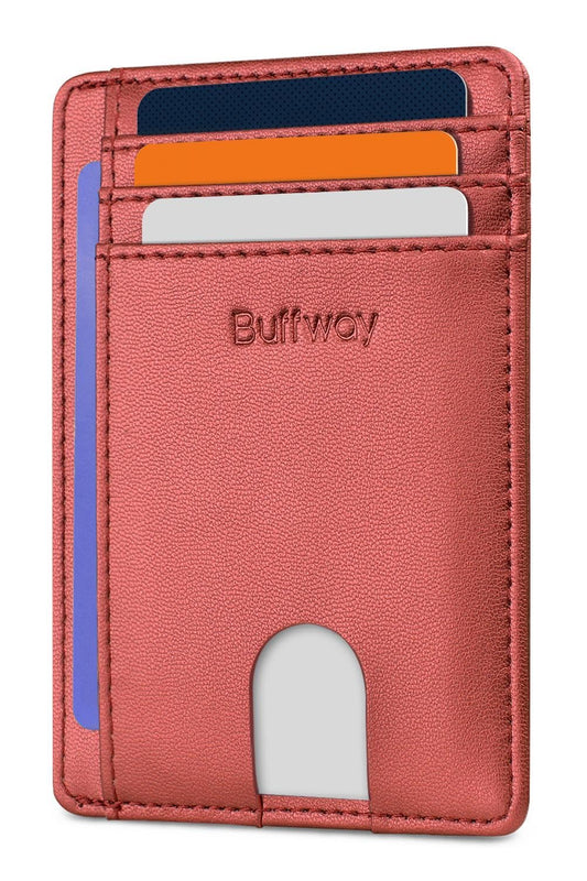 Buffway Slim Minimalist Front Pocket RFID Blocking Leather Wallets for Men and Women - Sand Rose Gold