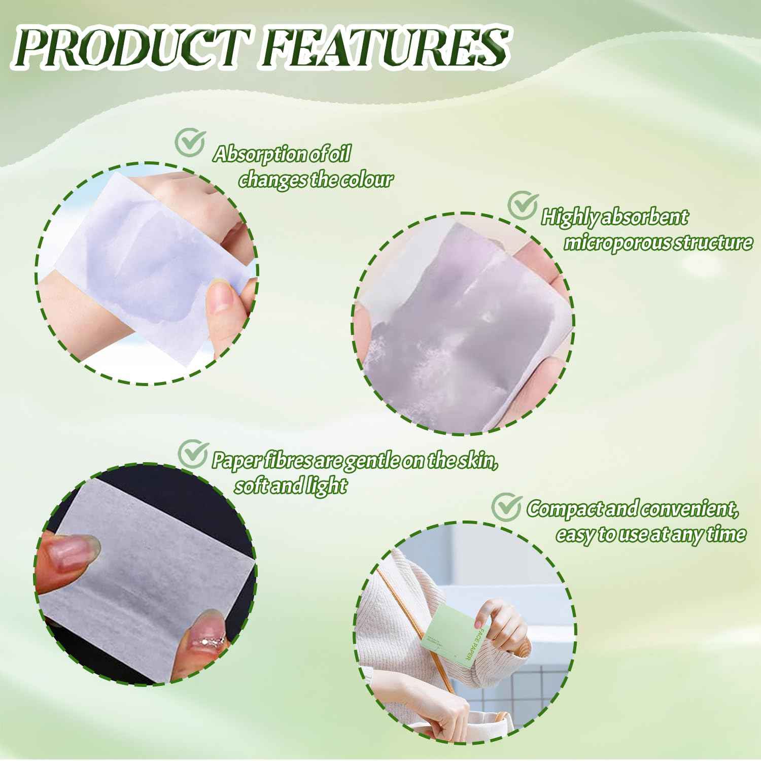 BOROLA Oil Blotting Paper for Face 200 Sheets Replacement Packs, Soft Absorbing Pads for Face Shine Control, Portable Oil Absorbing Tissues for Oily Skin, Design for Men & Women(Green)