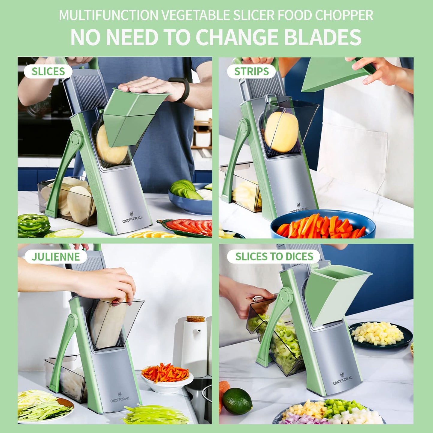 ONCE FOR ALL Upgrade Safe Mandoline Slicer Plus, Adjustable Vegetable Food Chopper Potato Fries French Fry Cutter, Detachable Blade, Kitchen Chopping Artifact, New Kitchen Gift JS03 Green