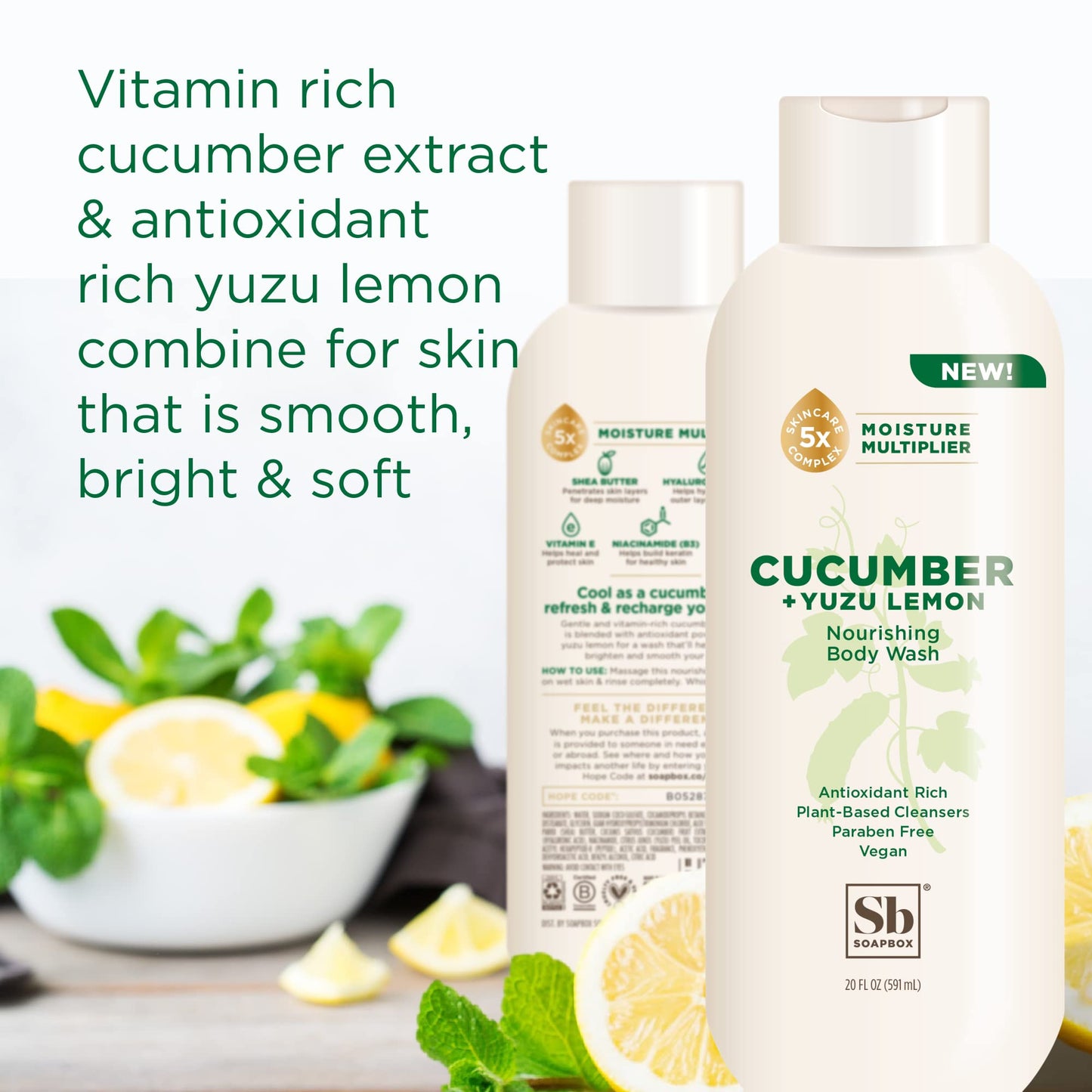 Soapbox Cucumber + Yuzu Lemon Body Wash for Women, Men | Vegan + Antioxidant Rich, Soothing, Moisturizing Body Wash with Shea Butter, Peptides & Keratin Promoting B3, 3 Pack, 20oz Each