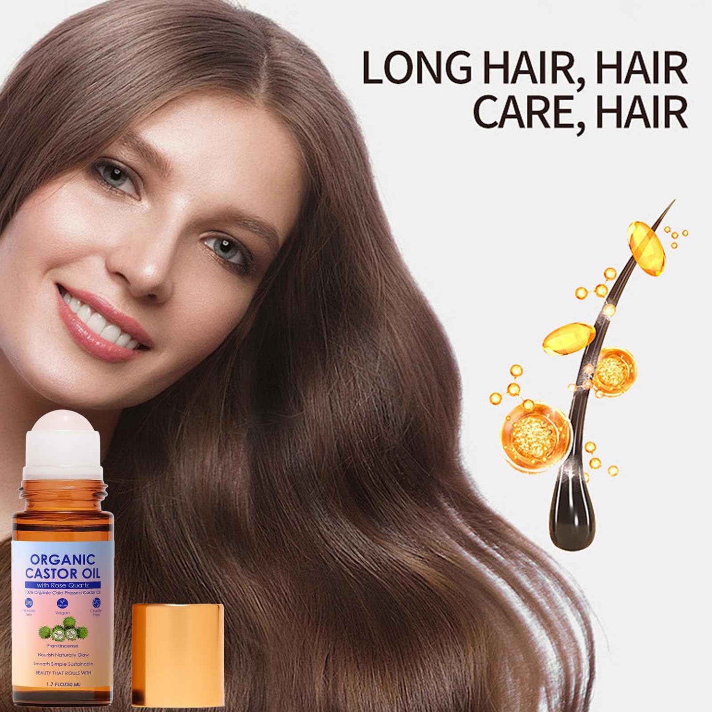 SDXJIOGE Organic Castor Oil with Rose Quartz Roller, 100% Pure Cold-Pressed, Organic Castor Oil Roll On Rose Quartz, Hexane-Free,Amber Glass Bottle for Skin 1.7oz (1)