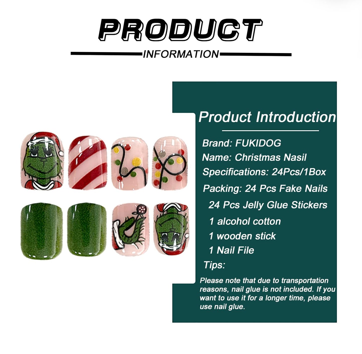 Christmas Press on Nails Short Fake Nails Cute Cartoon Grinchs Stick on Nails False Nails with Designs Acrylic Nails Winter Xmas Glue on Nails Full Cover Holiday Artificial Nails for Women