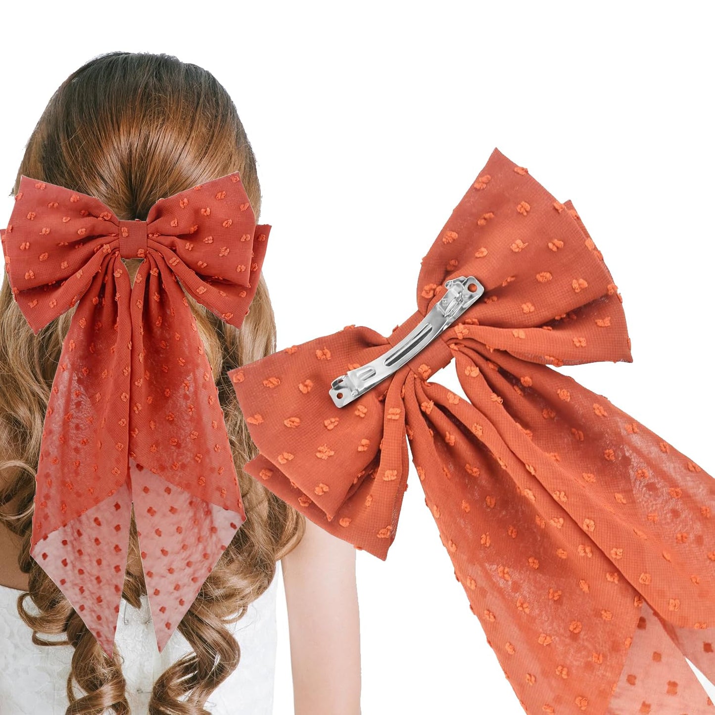 2PCS Large Hair Bows Ribbon Hair Clips, Double Layers Big Bow Hair Clip With Long Tail Ribbon Bowknot Hair Barrettes, Ponytail Holder Hair Accessories for Women Girls (Red-Orange)