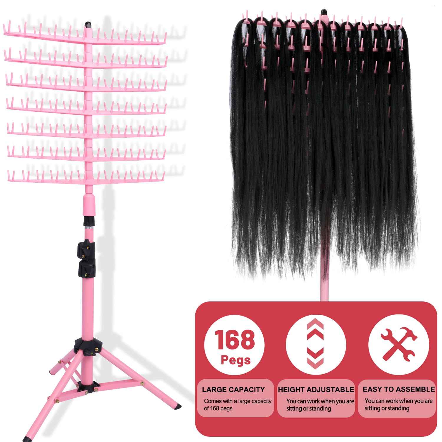 poipoilu Height Adjustable Braiding Hair Rack 168 pegs, Dual-use Braid rack with Clamp (Pink)