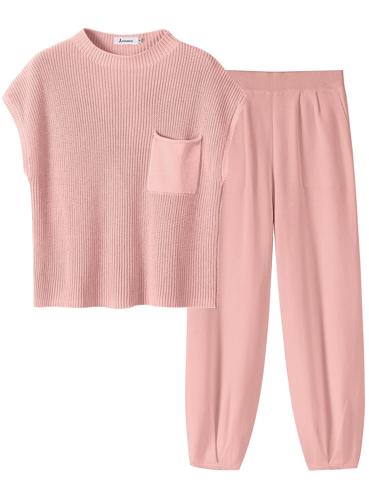 ANRABESS Women's Two Piece Outfits Knit Sweater Pullover Crop Top & Pants Lounge Matching Tracksuit Sweatsuit Sets 2024 Trendy Loungewear Clothes Pink X-Small