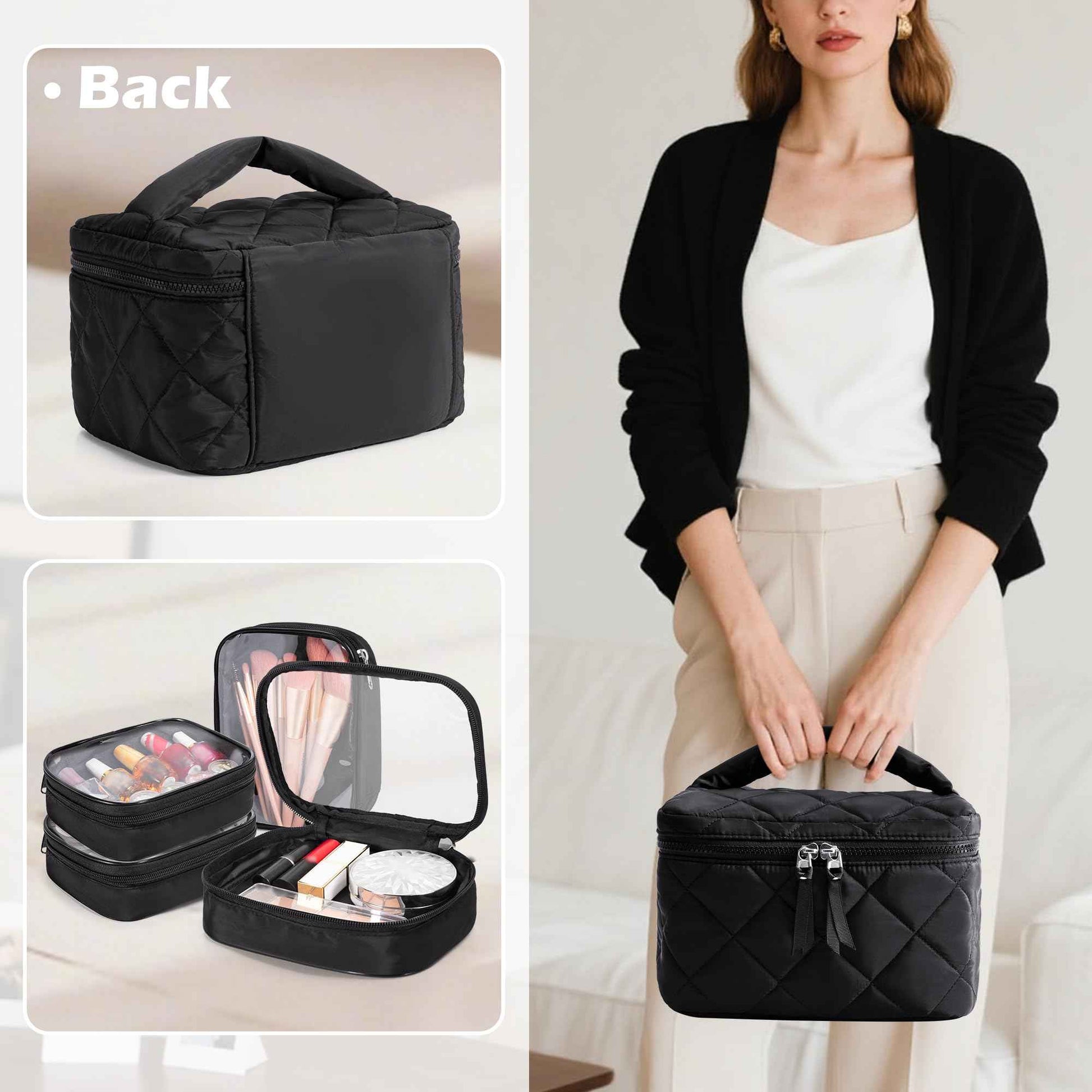 Trahzia Travel Makeup Bag with 4 Clear Cases, Large Quilted Cosmetic Organizer for Women, Puffy Storage Bag for Cosmetics, Photos or Pill Bottles, Black (Empty Bag)