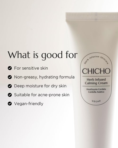 CHICHO Herb Infused Calming Cream - Korean Face Moisturizer with 68.8% Heartleaf & 6-Cica Complex - For Sensitive Acne Prone Skin, Vegan Clean Formula, 2.37 fl.oz.