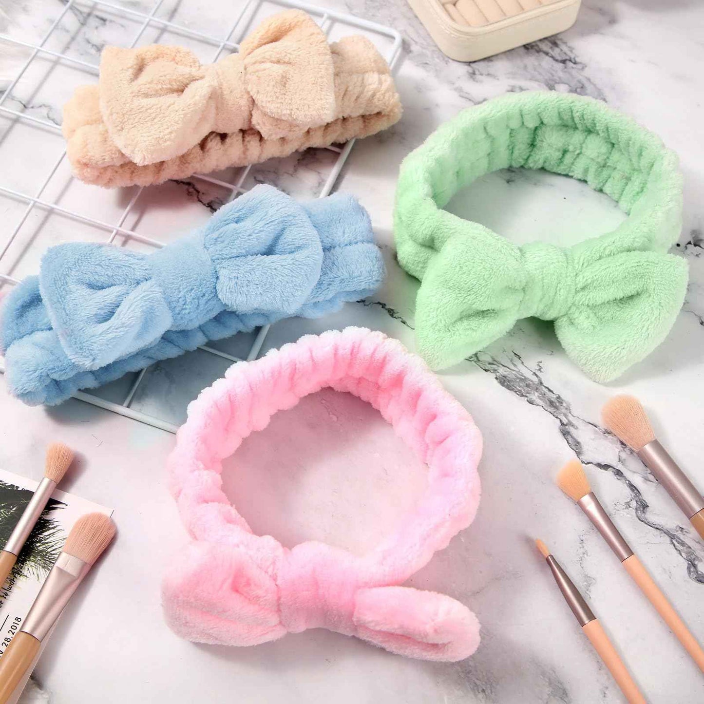 WILLBOND 48 Pieces Pastel Spa Headband Bulk Flannel Bow Hair Band Fluffy Plush Facial Makeup Headband for Women Washing Face Spa Shower Cleansing