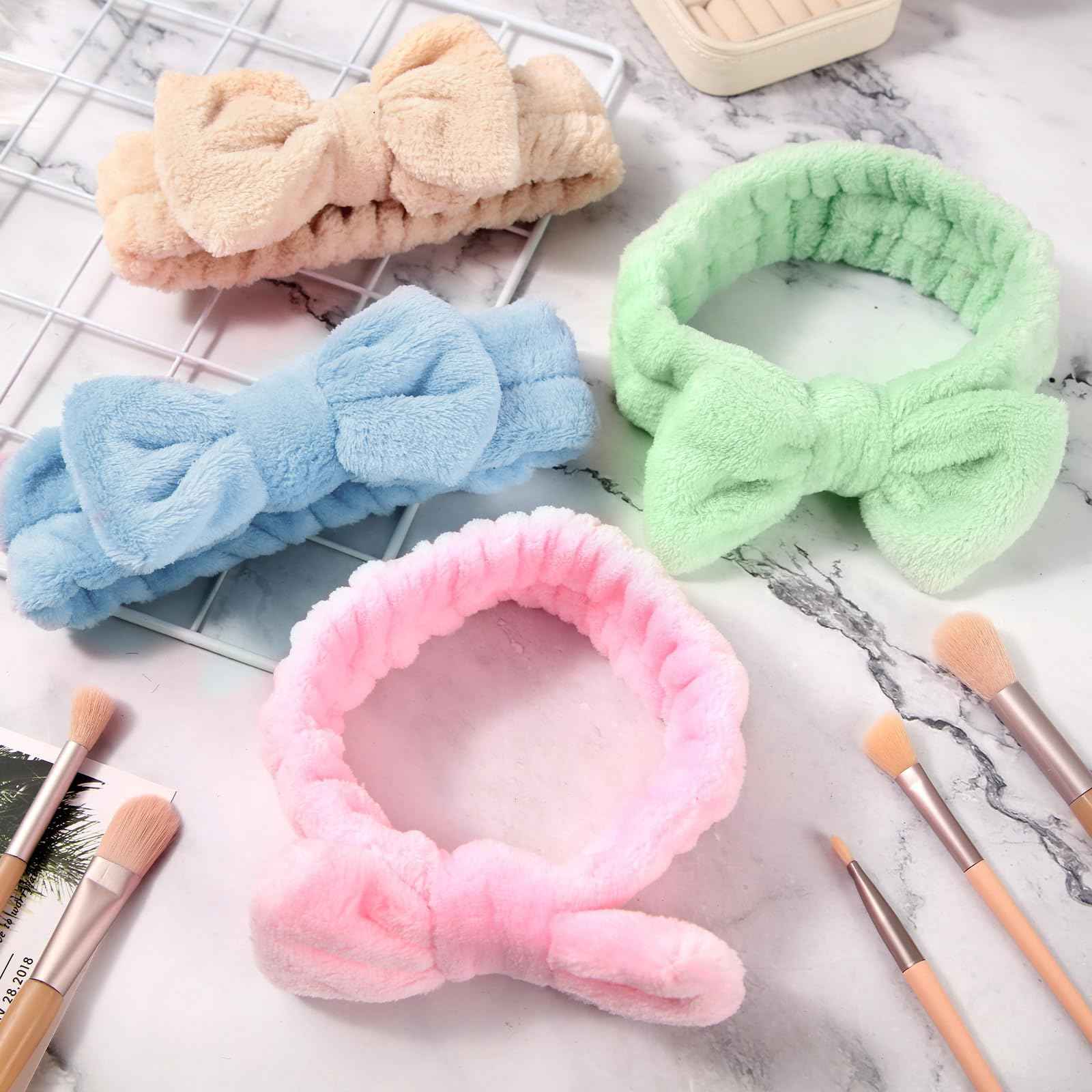 WILLBOND 48 Pieces Pastel Spa Headband Bulk Flannel Bow Hair Band Fluffy Plush Facial Makeup Headband for Women Washing Face Spa Shower Cleansing