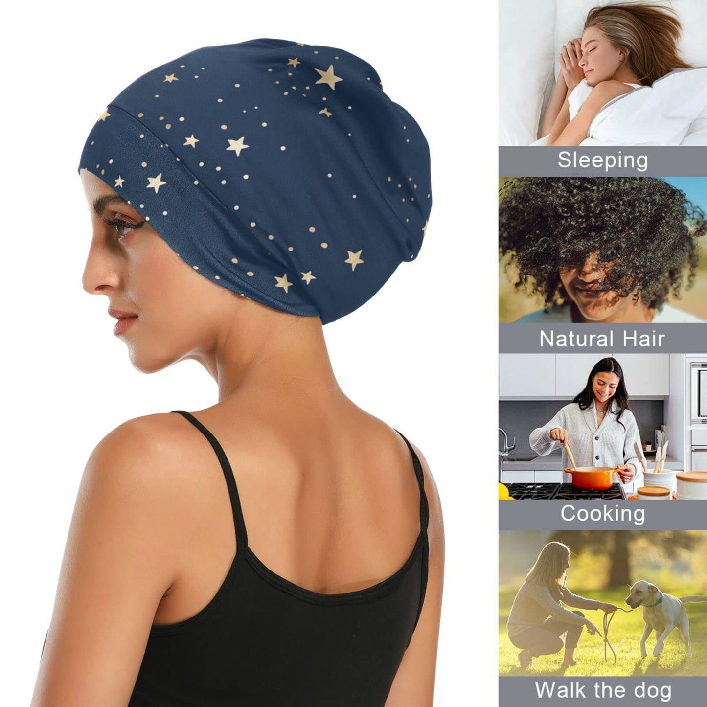 ElliTarr Satin Bonnet Lined Sleep Cap Hair Wrap Cover Slouchy Beanie for Curly Hair Protection for Gifts for Men Women Dark Blue Stars