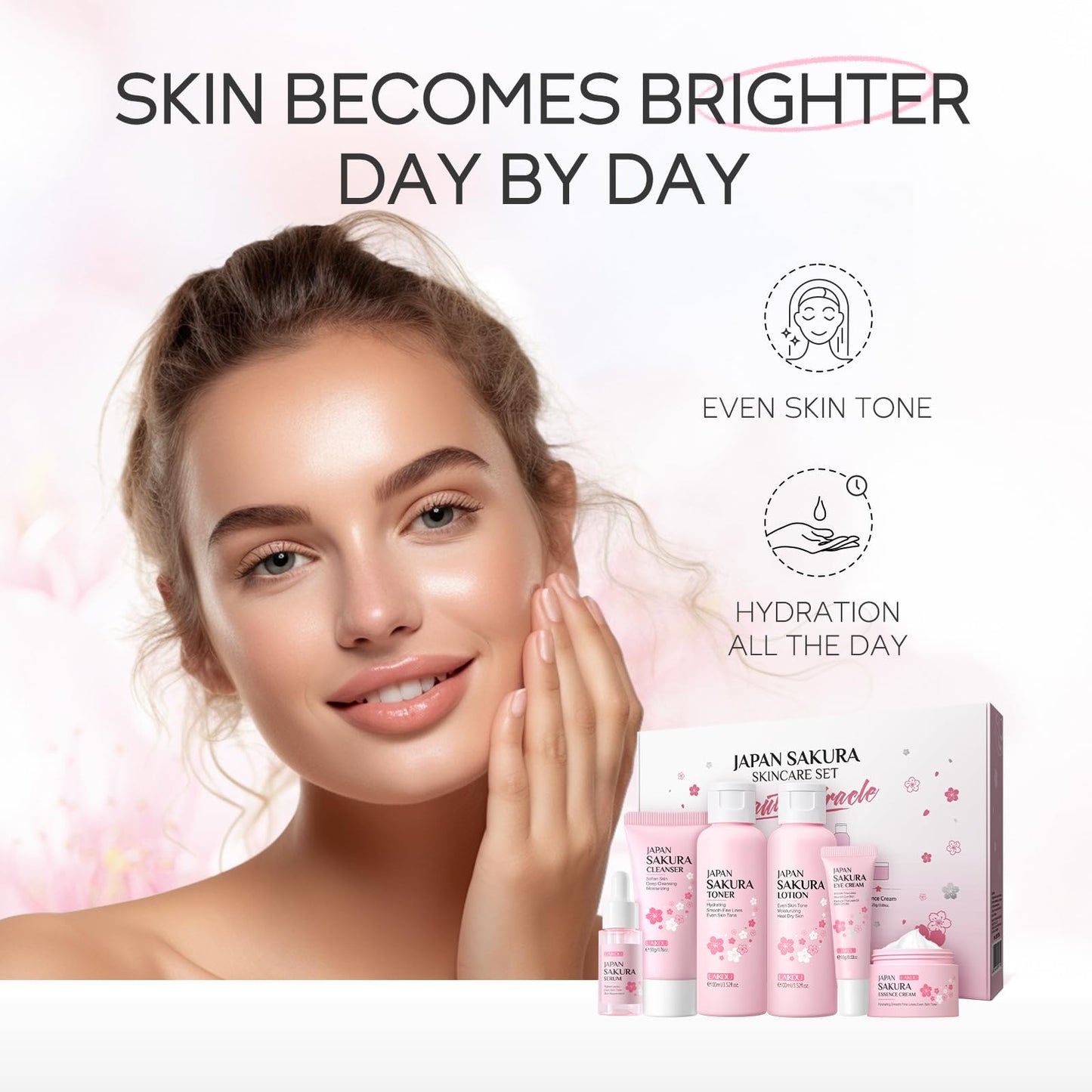 LAIKOU Skin Care Set JAPAN SAKURA Women Beauty Gift Sets Skin Care Kit with Cleanser, Toner, Lotion, Serum, Eye Cream, Face Cream Travel Kit for Women Teen Girls Mom Daughter TSA-friendly Sizes 6pcs