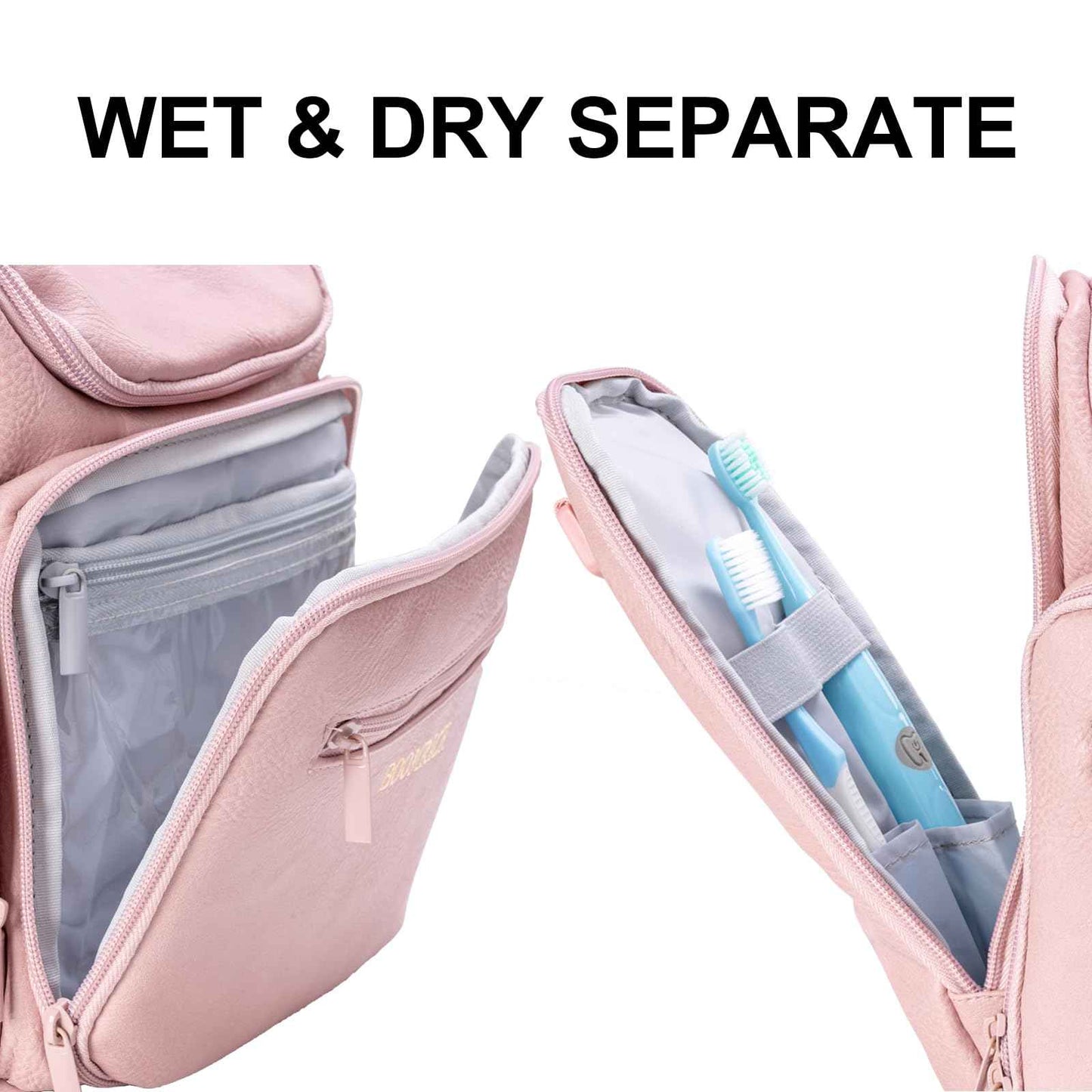 Large Toiletry Bag for Women, Hanging Leather Travel Makeup Bag with 360° Hook and Shoulder Strap, Travel Organizer for Full Sized Container, Toiletries, Brushes (Pink)