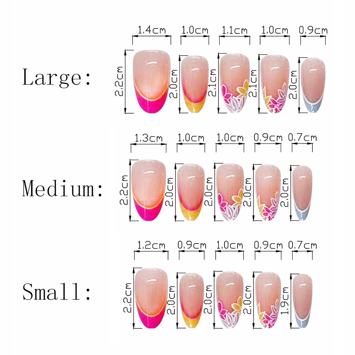 MISUD Press on Nails Medium Almond Fake Nails Glossy Glue on Nails Colorful French Tip Acrylic Nails Stiletto Artificial Nails Summer Cute Flower Stick on False Nails with Design 30pcs