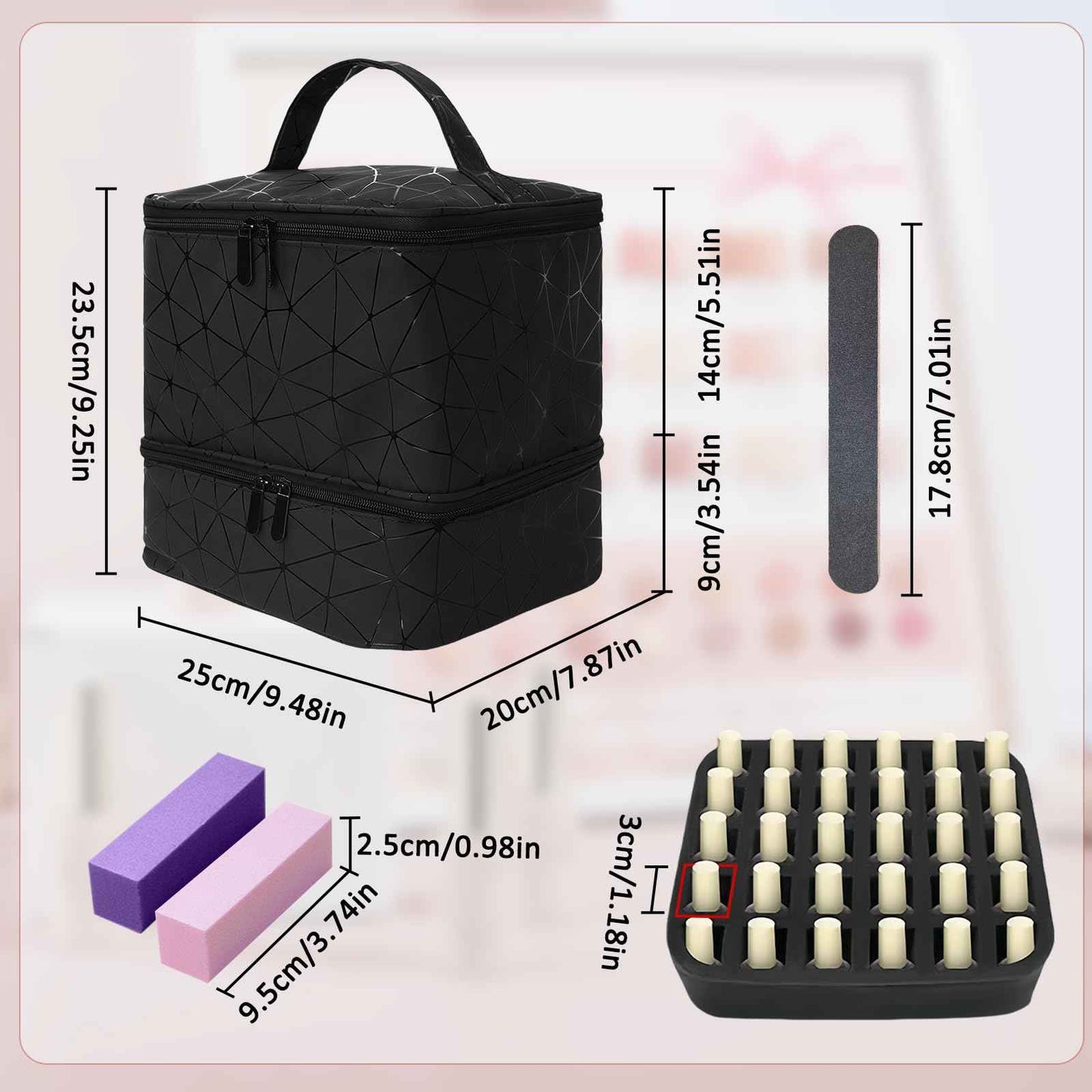 Esoes Nail Polish Organizer Case Double-Layer Nail Bag Storage PU Leather Waterproof Nail Organizer Holds 30 Bottles(15ml) and 1 Nail Lamp Large Travel Nail Supplies Shoulder Bag