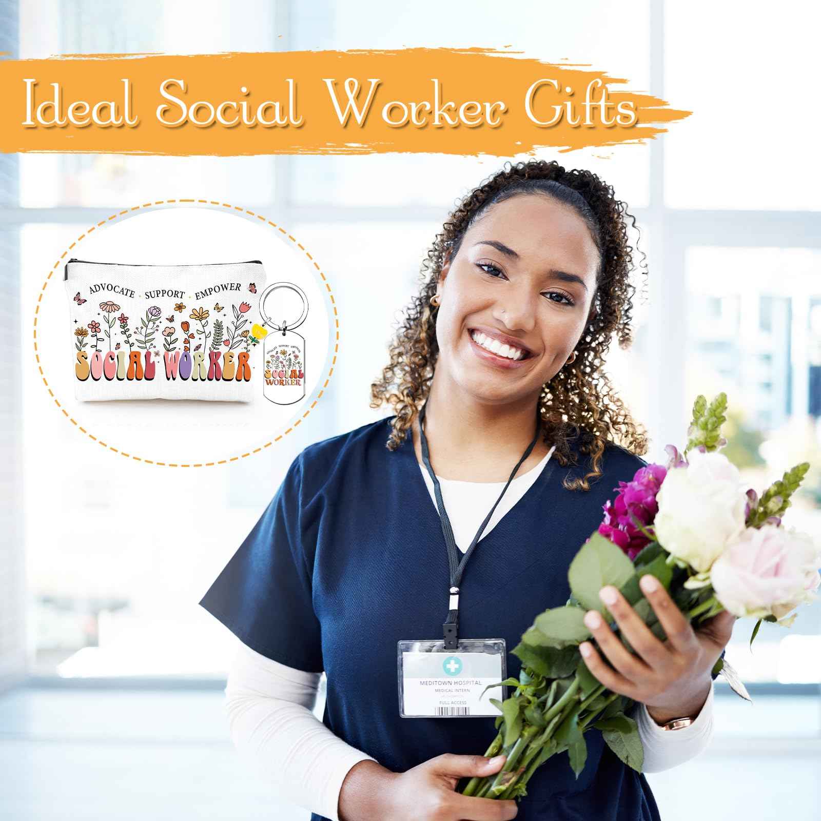 Falueqg Social Worker Appreciation Gifts - 3Pcs Social Worker Gifts for Women, Social Workers Canva Makeup Bag Keychain Bracelet for Social Worke Volunteer Nurse Teacher Graduation Christmas Gift