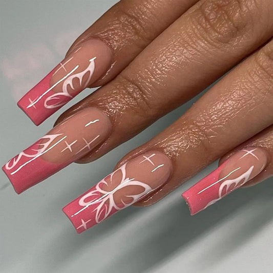 Pink French Tip Press on Nails Long Coffin Fake Nails Artificial False Nails with White Butterfly Design Nude Full Cover Stick on Nails Glossy Glue on Nails for Women Acrylic Nails 24 Pcs