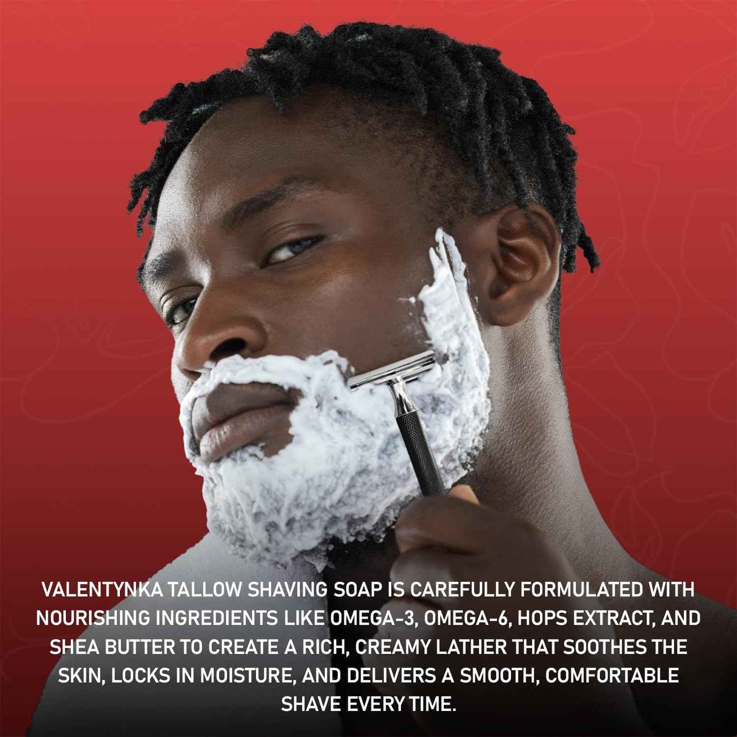 Valentynka Tallow Shaving Soap. Enriched with Donkey Milk, Water Buffalo Milk, Whey Proteins, Omega 3, Omega 6, Hops Extract. Canadian Fir, Leather, Orange, Jasmine, Sugar, Amber, Saffron, Cedarwood