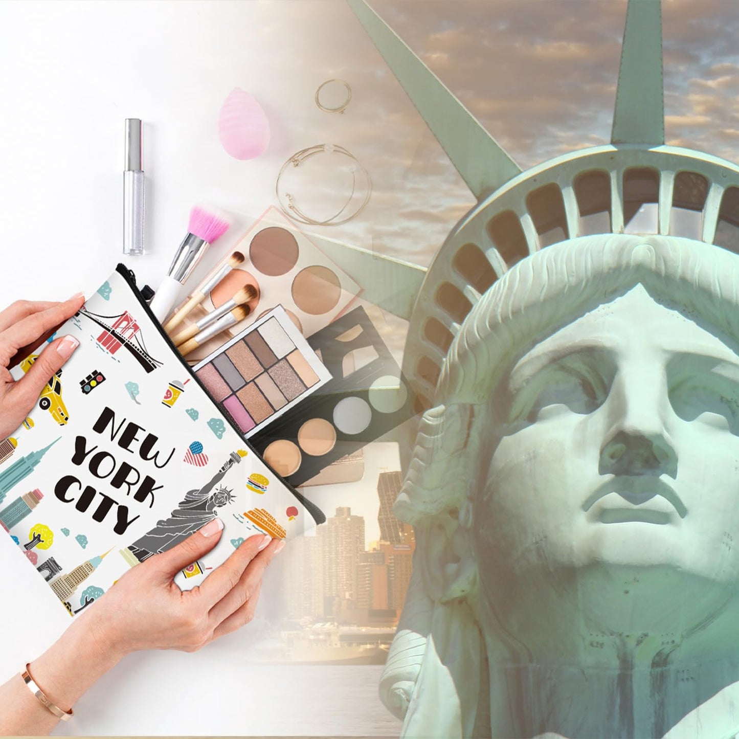 Huhumy 9 Pcs New York Cosmetic Bag New York Souvenir Zipper Pouch New York Souvenirs Vacation Souvenir Gifts New York Makeup Purse for Girls Women Traveler Sister Birthday Christmas Party Favors