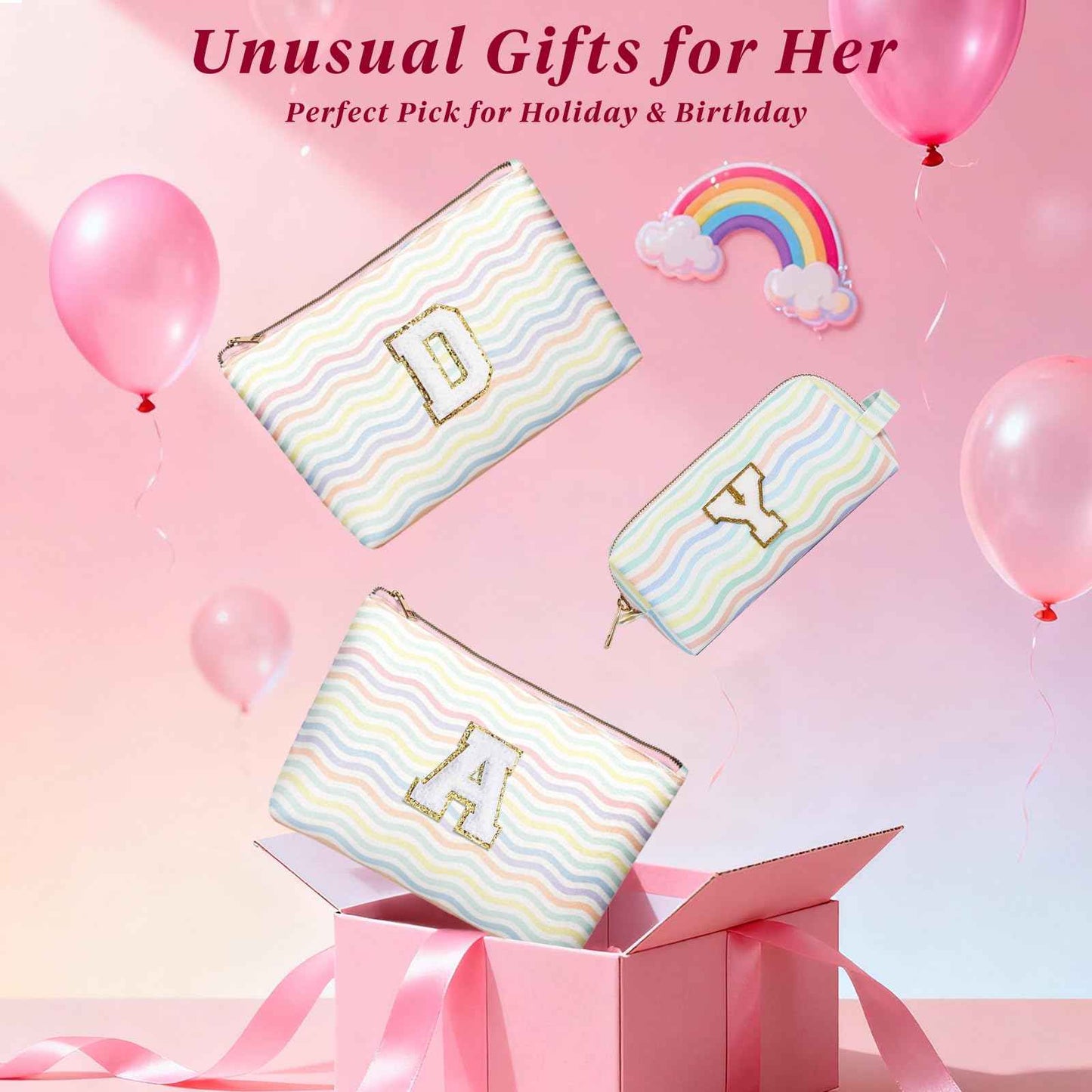 MaqSacion 2 Pieces Monogram Makeup Travel Bag for Teen Girl Gifts,Cosmetic Pouch for Girls,Initial Travel Toiletry Bag for Women,Custom Make up Organizer,Personalized Trendy Stuff - Light Rainbow A