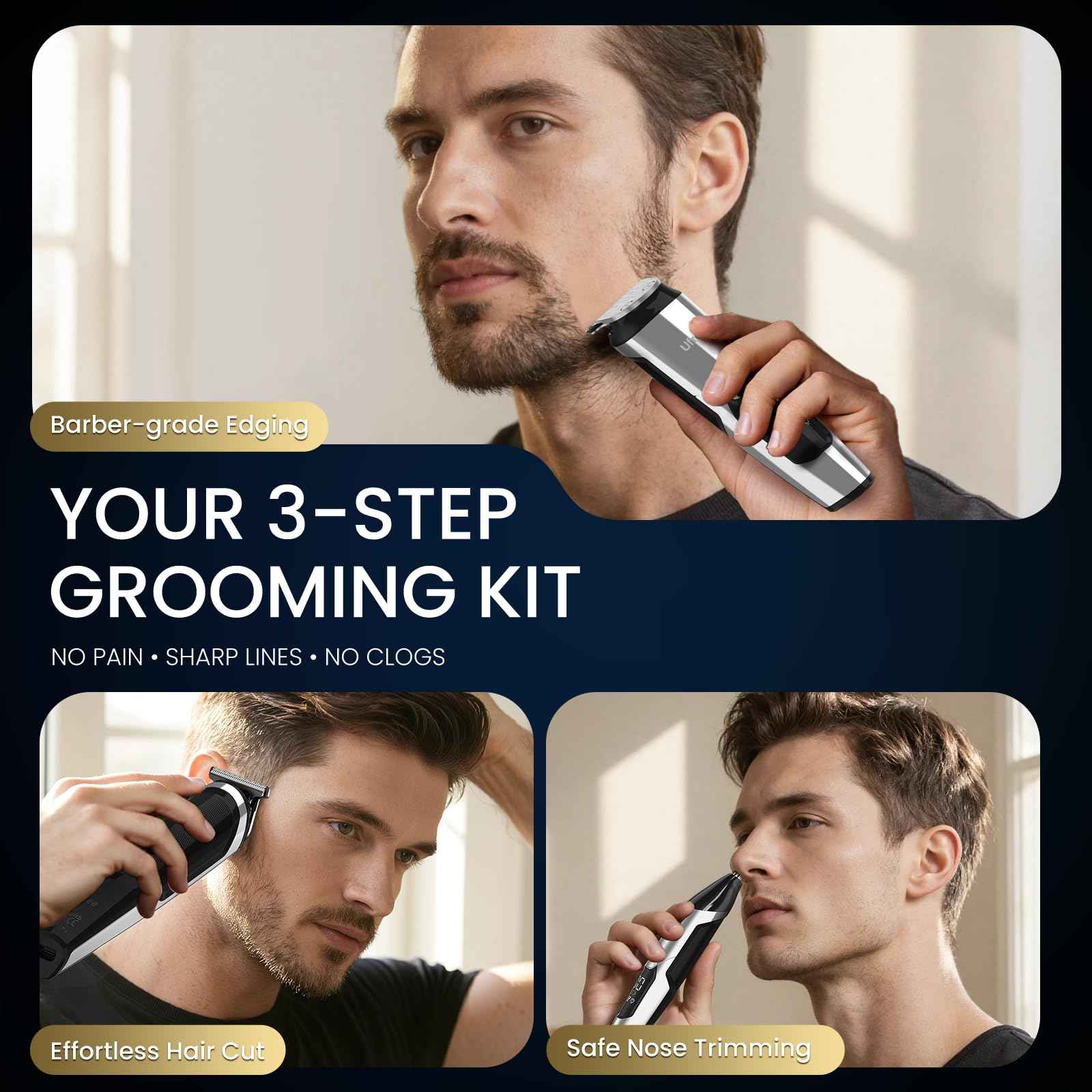 Ufree 3-in-1 Beard Trimmer Kit, Men's Electric Shaver Razor for Mustache Body Nose Facial Hair, Professional Hair Trimmer, Rechargeable Clippers, Waterproof Beard Grooming, Birthday Gifts for Men