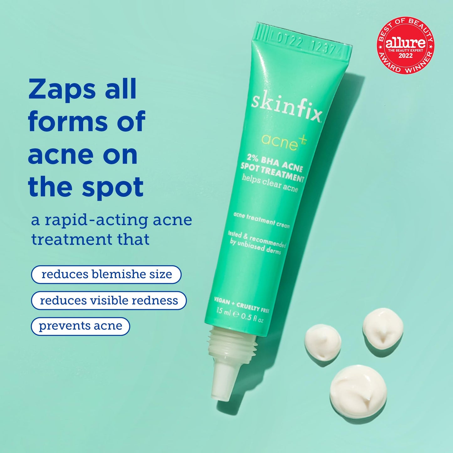 Skinfix Acne+ 2% BHA Acne Spot Treatment: Clinical-Strength, Rapid-Acting Acne Treatment that Reduces Blemish Size and Redness, Plus Prevents New Acne Pimples from Forming, 0.5 oz