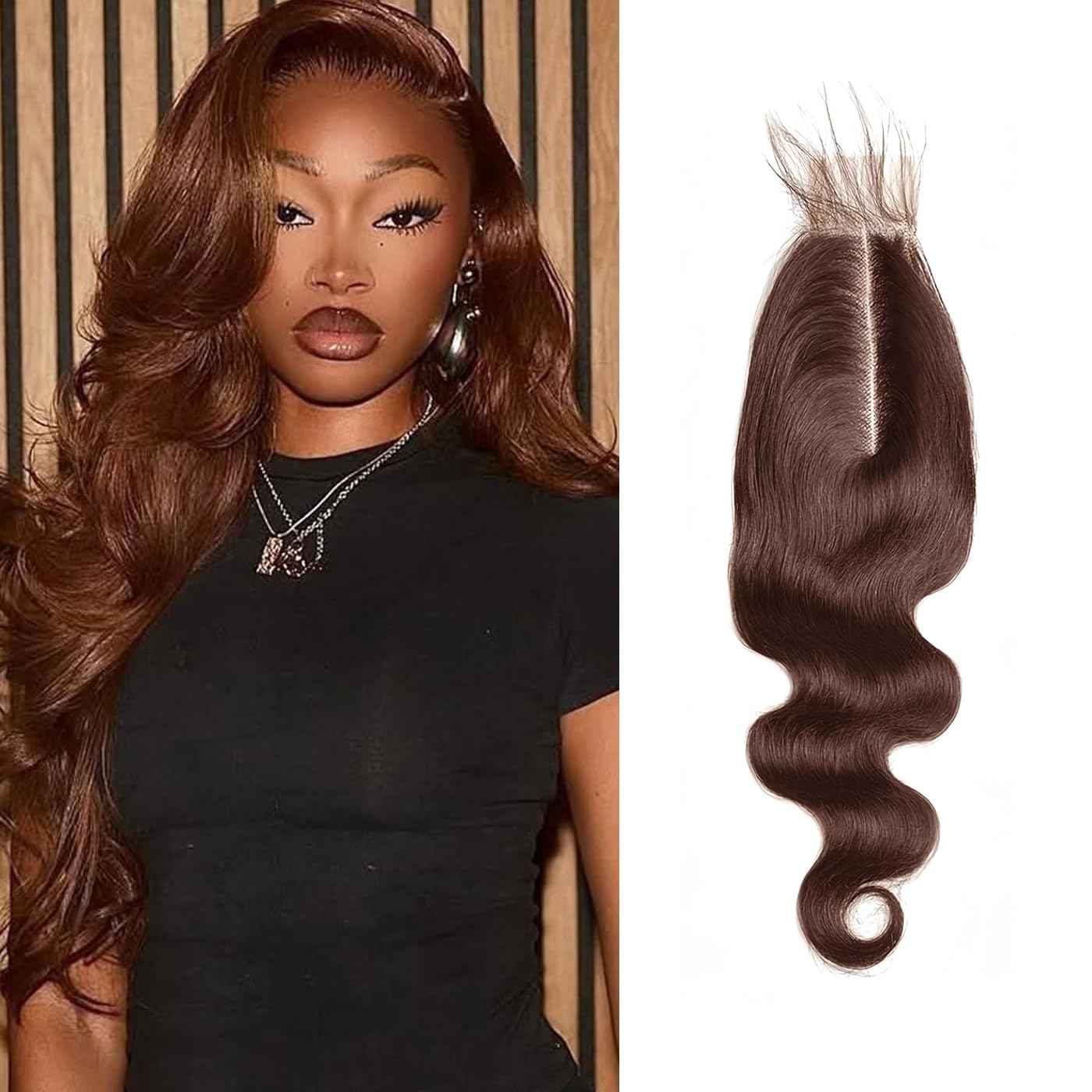 2x6 Transparent Lace Closure Chocolate Brown 4# Closure 100% Human Hair Body Wave Natural Hairline With Baby Hair Deep Part Pre-Plucked 16 Inch