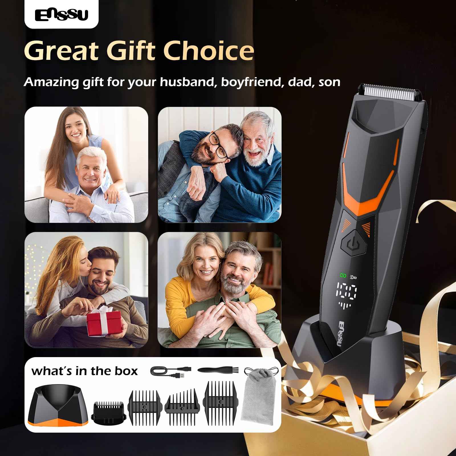 ENSSU Manscape Body Hair Trimmer for Men with LED Light for Balls/Pubic/Groin/Legs/Chest, IPX7 Waterproof Body Groomer with Ceramic Blade, Fast Charging Shaver for Wet or Dry Use