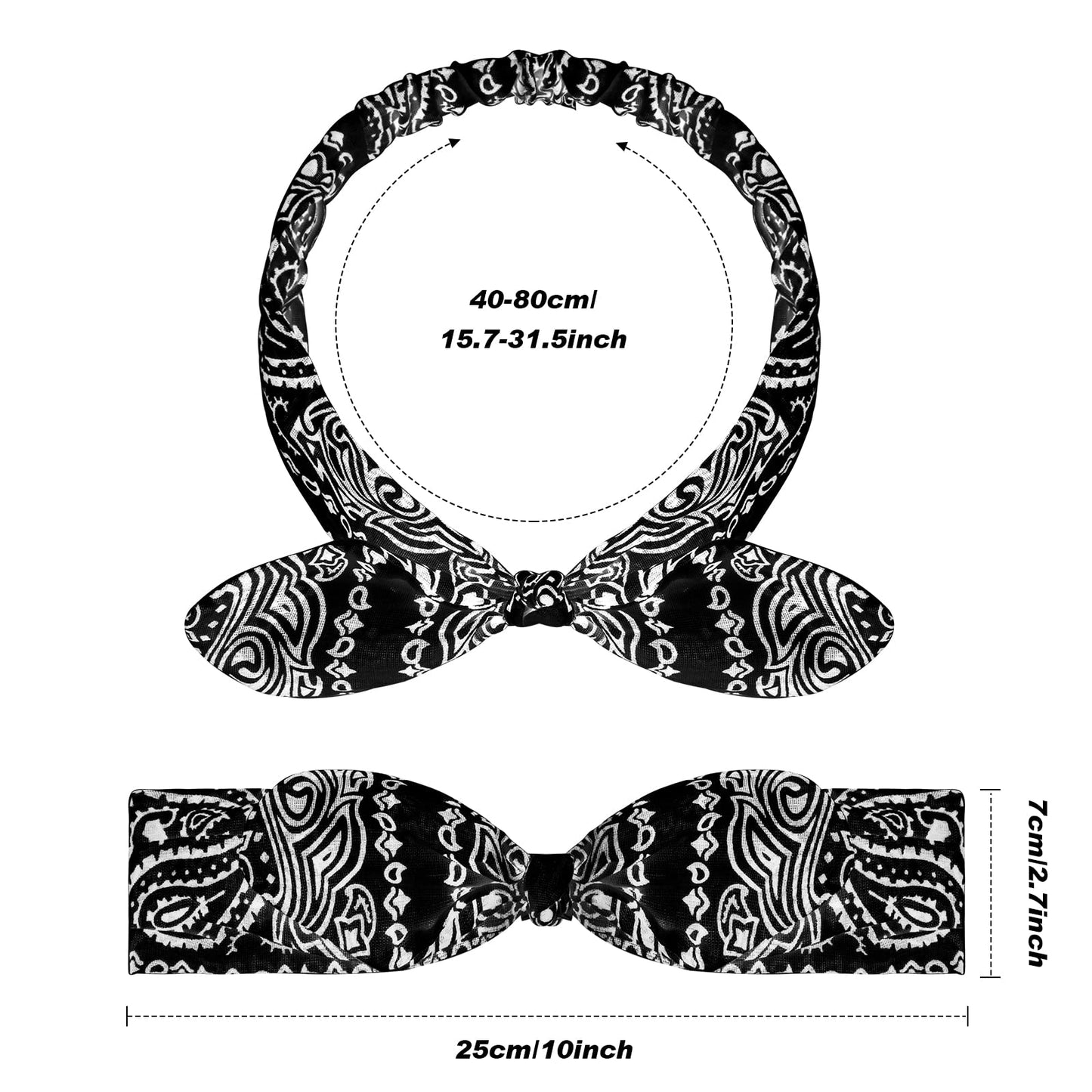 2 Pieces Bandana Headband for Women, Knot Retro Print Headbands Paisley Print Headband Headwrap Adjustable Headwrap(Black)