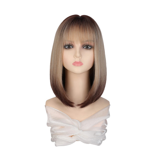 Bob Wigs for Women Dark Roots Bob Wigs with Air Bangs Synthetic Hair Wig for Daily Use(Brown Blonde Ombre)