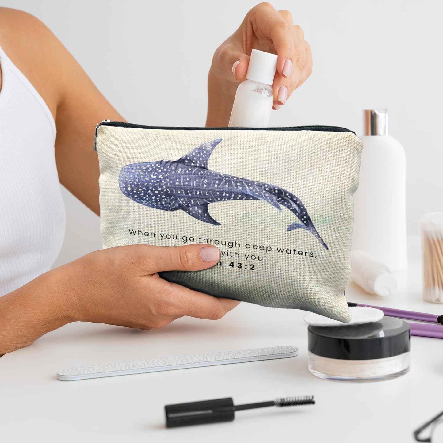 RYYCDOI Whale Shark Christian Makeup Bag Pouch, Christian Shark Gifts for Women, Bible Verse Gifts Isaiah 43:2, When you go through deep waters I will be with you