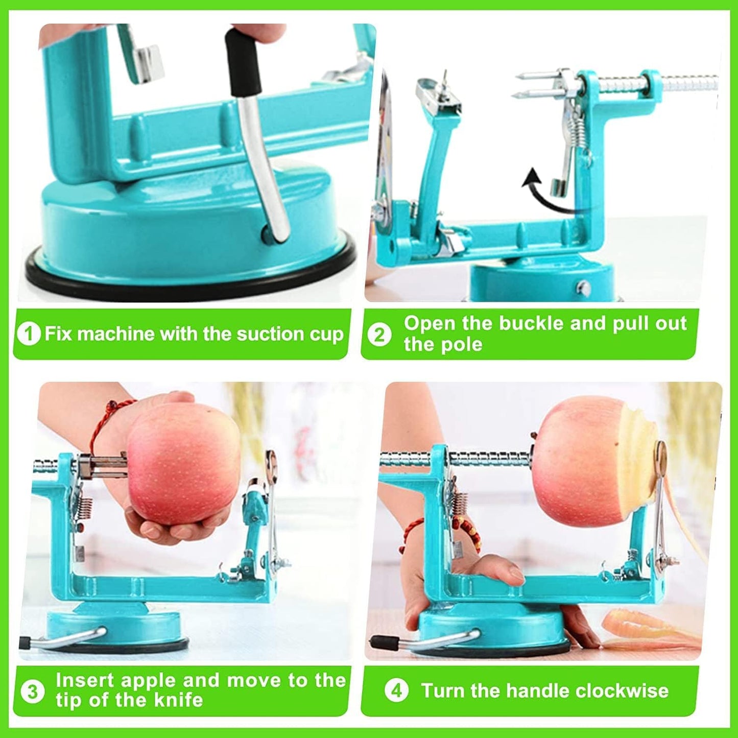 Apple Peeler Corer, Long lasting Chrome Cast Magnesium Alloy Apple Peeler Slicer Corer with Stainless Steel Blades and Powerful Suction Base for Apples and Potato(Blue)