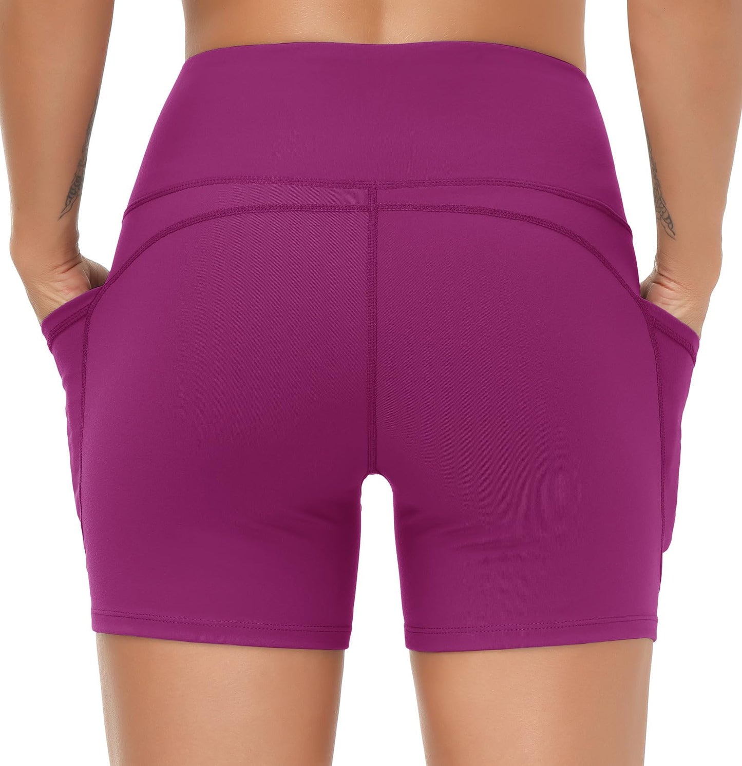 THE GYM PEOPLE High Waist Yoga Shorts for Women's Tummy Control Fitness Athletic Workout Running Shorts with Deep Pockets Fuchsia