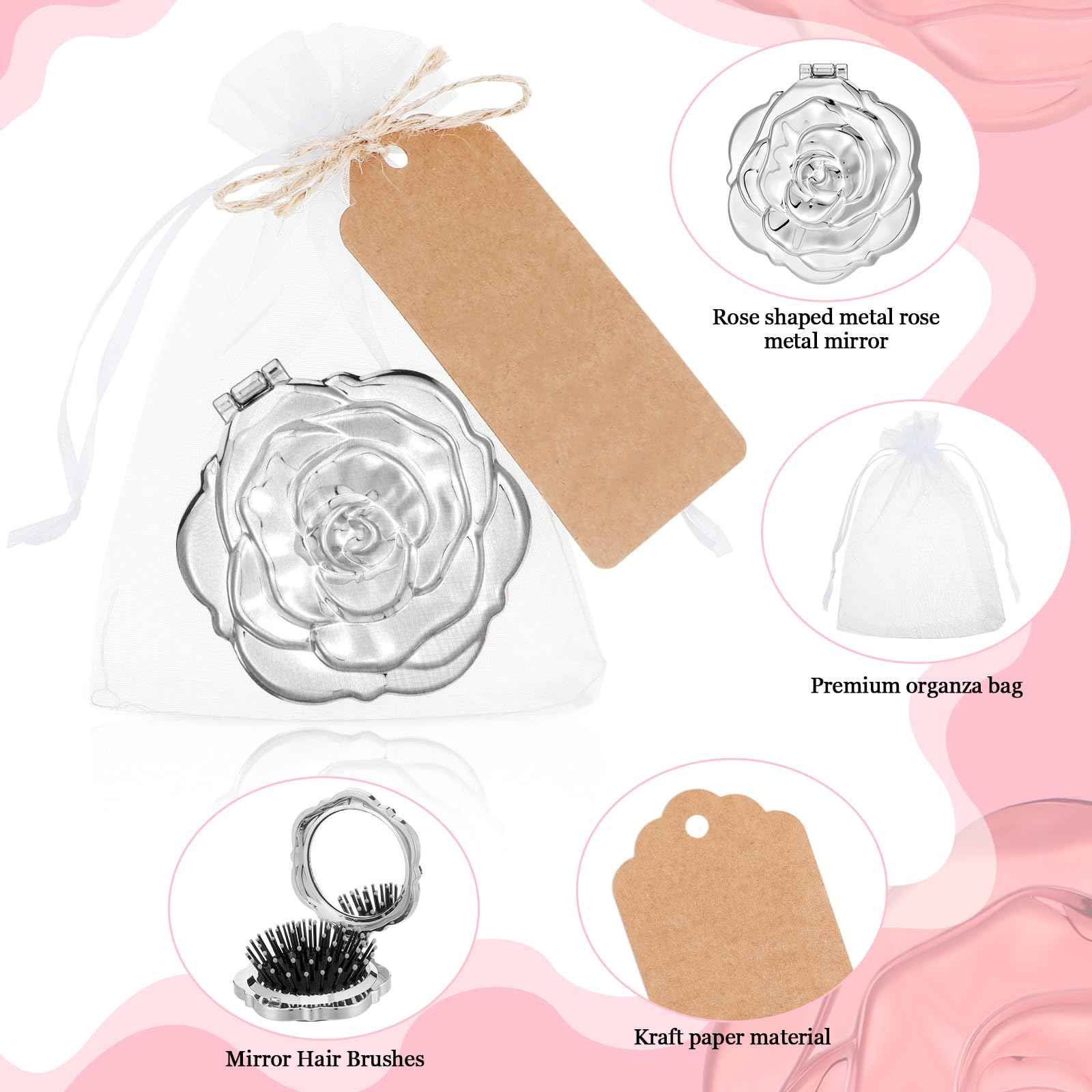 Singhoow 24 Sets Rose Compact Mirrors Brush Bulk Quinceanera Party Favors for Guests Travel Mirror Thank You Gifts Bulk for Sweet 16 15 Party Favors Bridal Shower Wedding Souvenirs(Silver)