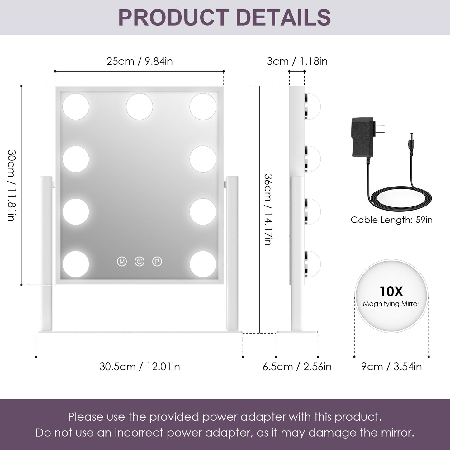 Sucedey Vanity Mirror with Lights, Makeup Mirror with Lights, 3 Color Lighting Modes Detachable 10X Magnification Mirror Touch Control, 360°Rotation, White