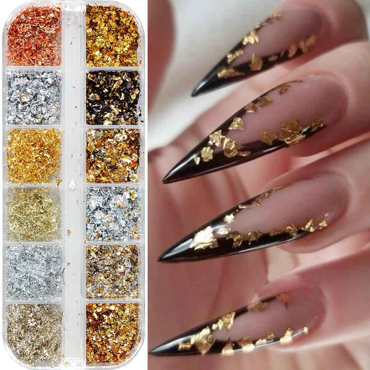 Holographic Nail Glitter Gold Foils for Women Kit -Sparkly Ultra-Thin Aluminum Foil Flake Nail Supplies Irregular Foil Glitter Flakes Design Powder Nail Glitters Sequins DIY Manicure Tip Charms Decor