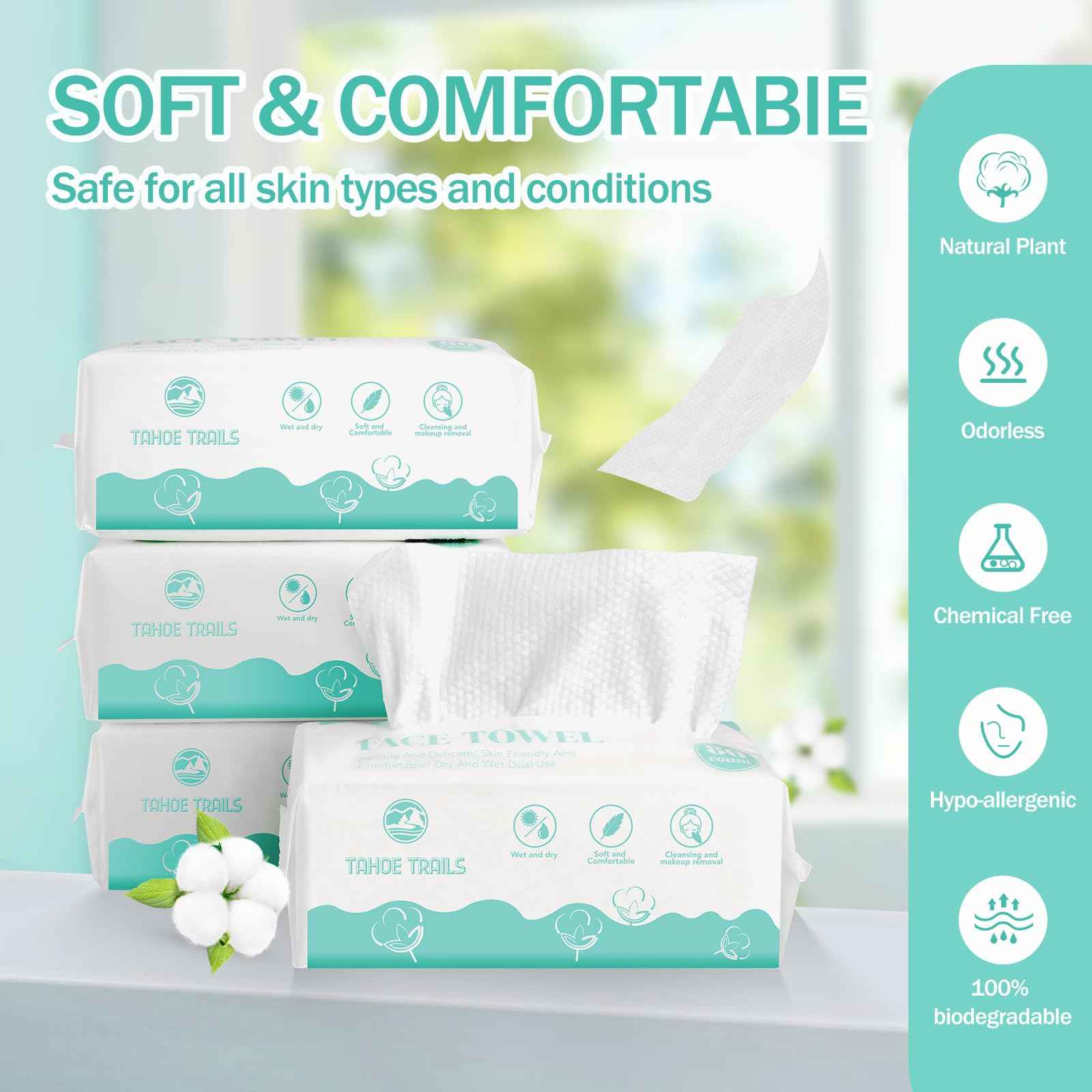 Tahoe Trails Disposable Face Towel, Soft Dry Wipe, Lint Free, Dry Wet Use for Sensitive Skin, 80Count Cotton Facial Tissue, Makeup Removing, Surface Cleaning 5.91 * 7.87inch, 80