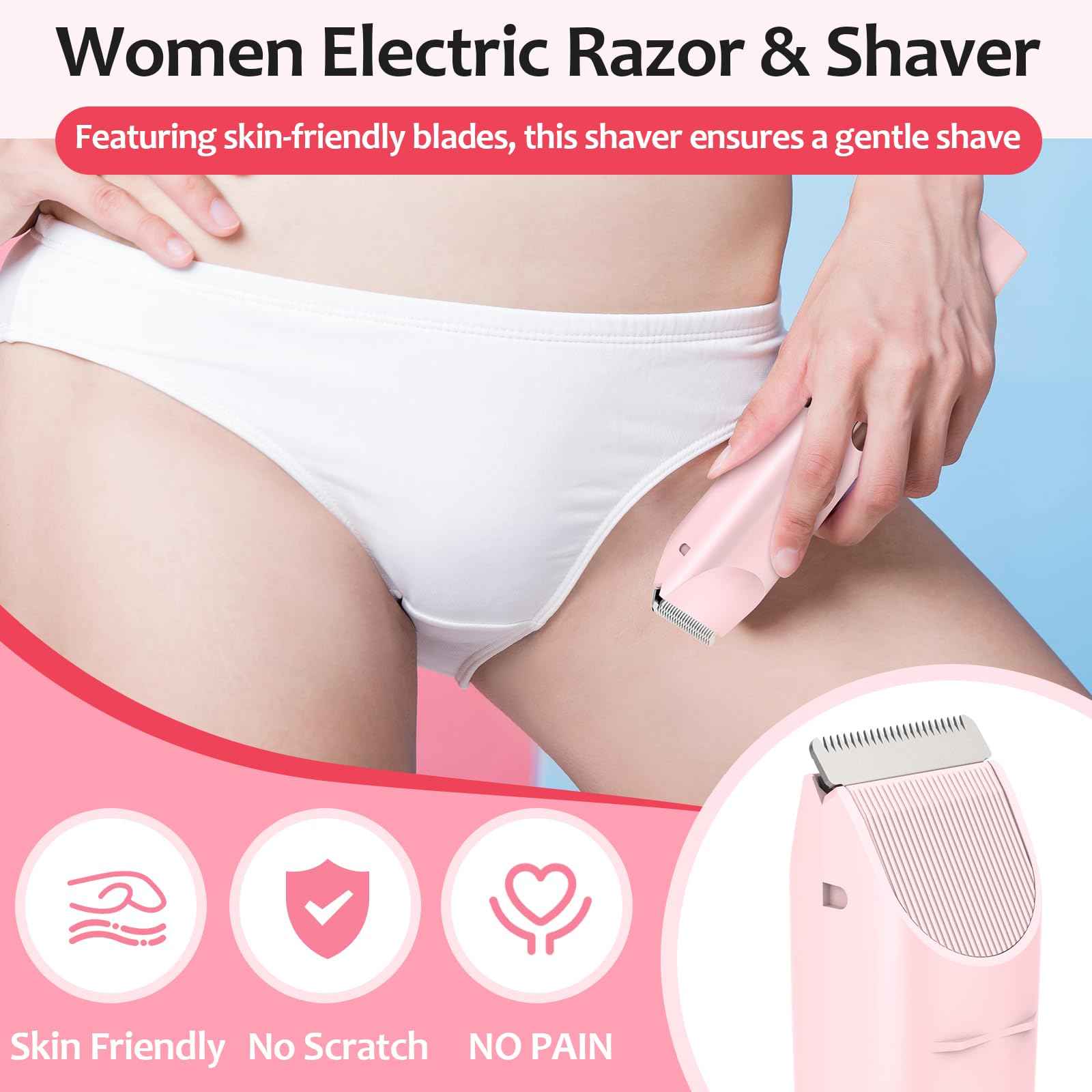 Bikini Trimmer for Women, 2 in 1 Dermave Bikini Shaver with LED Display, Electric Razors for Women, IPX7 Waterproof Wet Dry Use Body Hair Trimmer for Ladies Pubic, Legs, Face, Underarms (Pink)