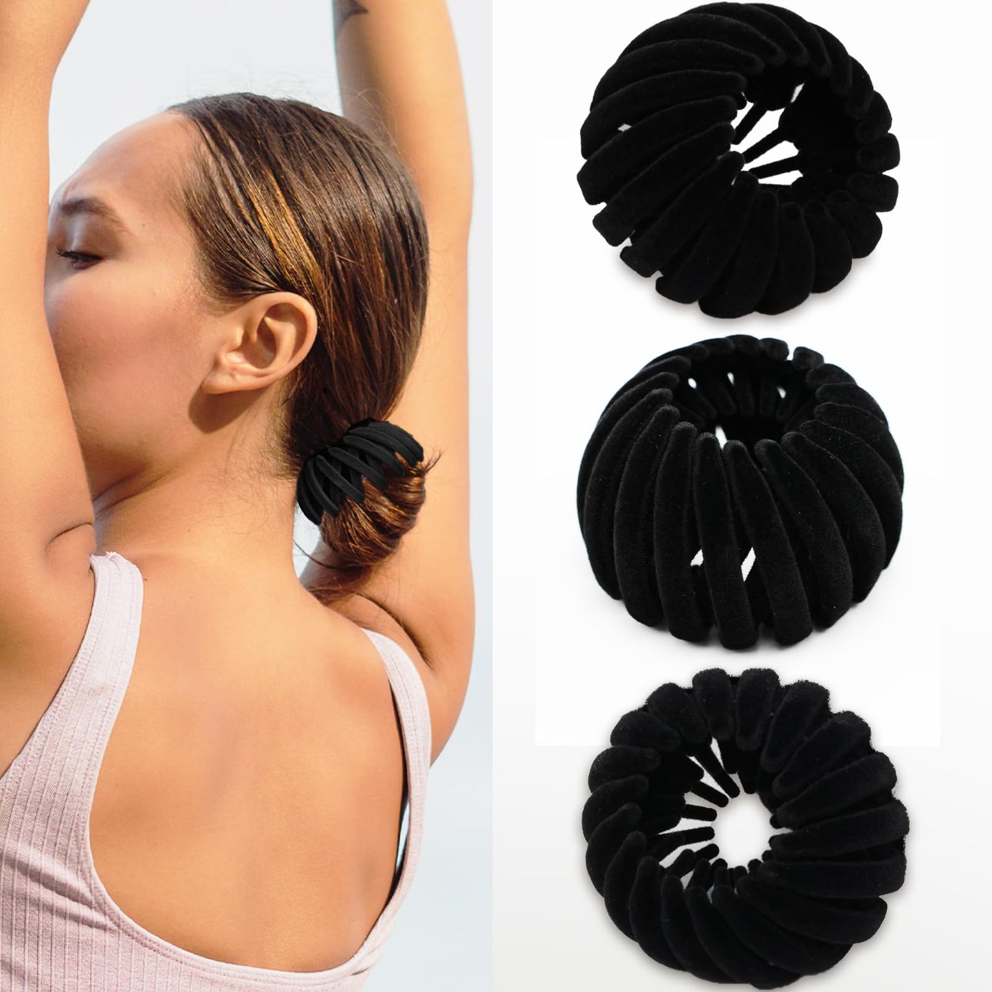 Sizobi 3 Pcs Black Hair Clips, Expandable Bird Nest Ponytail Holders, Hair Accessories For Women, Hair Bun Clip for Thin Thick Fine Curly Hair, Hair Barrettes Hair Scrunchies For Girls