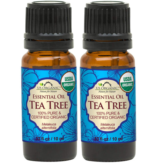 US Organic 100% Pure Tea Tree Essential Oil, Steam Distilled, USDA Certified Organic, for Hair, Skin, Scalp, Foot, Toenails, and more. Sourced from South Africa, Undiluted, Non-GMO (10 ml, 2 Pack)