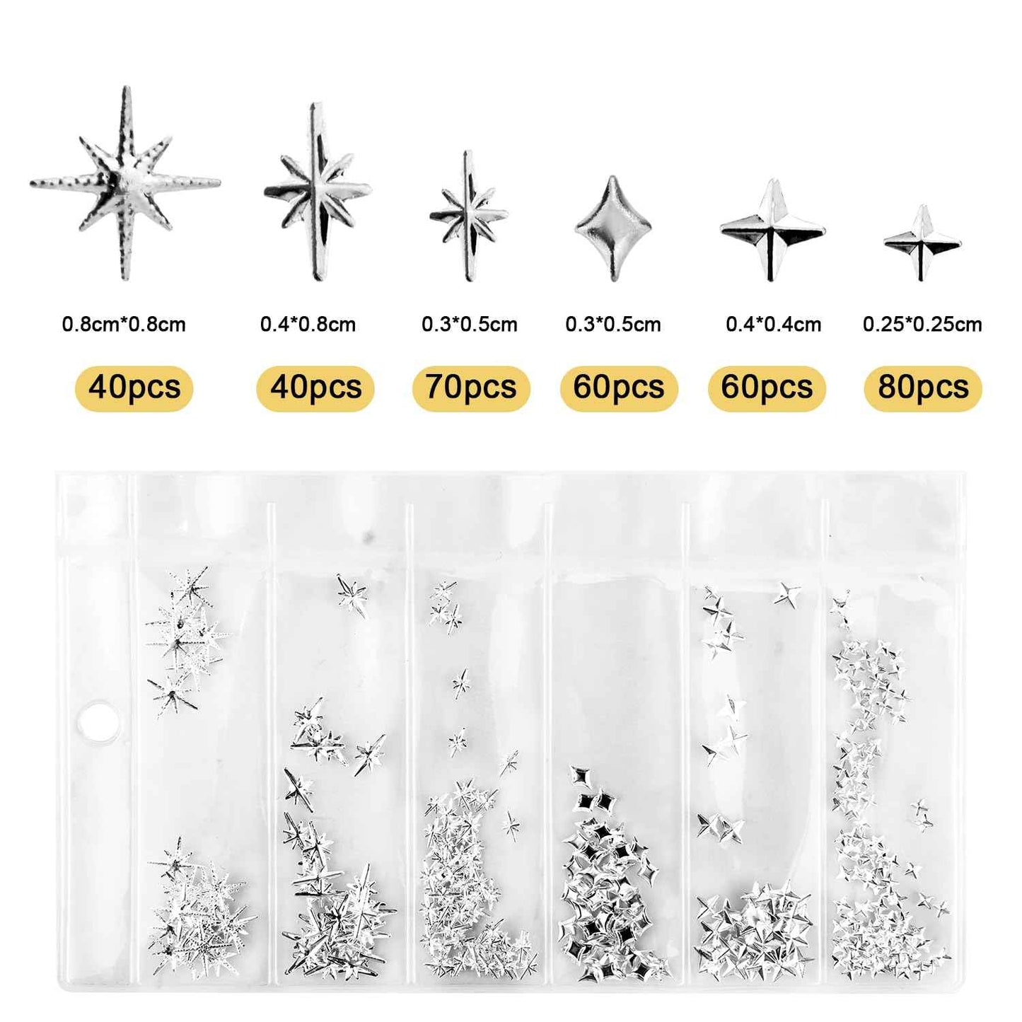 700pcs Star Nail Charms for Nails Art, Gold & Silver Star Nail Gems 3D Multi Style Star Nail Studs Nail Jewelry Rhinestones Decorations for Woman Girl
