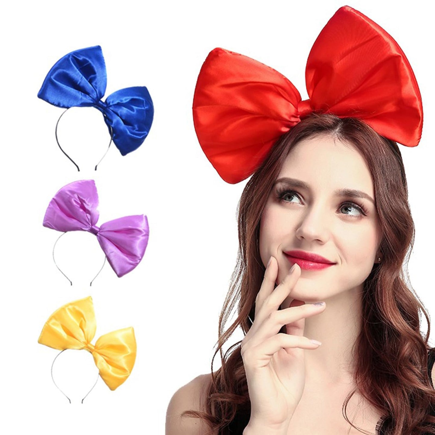 Xansema Women Large Bow Headband, Cute Big Bowknot Hairband Girls Sequins Headwear for Halloween Birthday Party Cosplay (Satin-Red, one size)