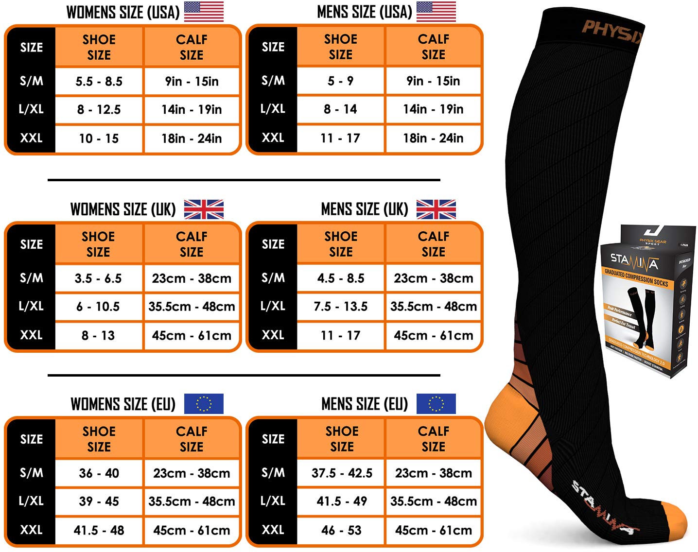 Physix Gear Compression Socks 20-30 mmHg - Men & Women - Running, Nurses, Shin Splints, Flight, Travel (BLACK/ORANGE-S/M)