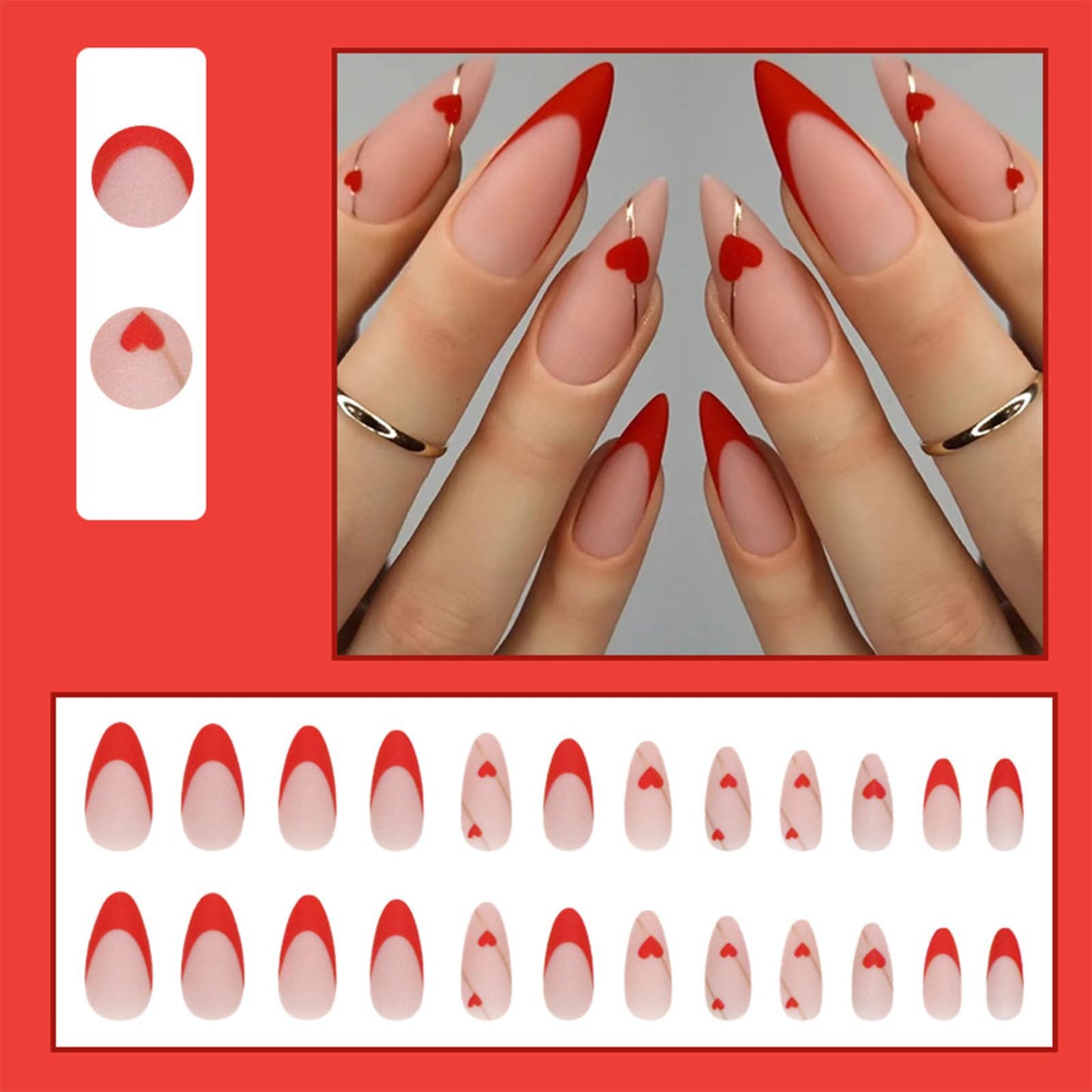 Valentines Nails Red French Tip Press on Nails Medium Almond Fake Nails with Heart Gold Line Design Glue on Nails Red Artificial Acrylic Nails Love Heart Stick on False Nails for Women 24PCS