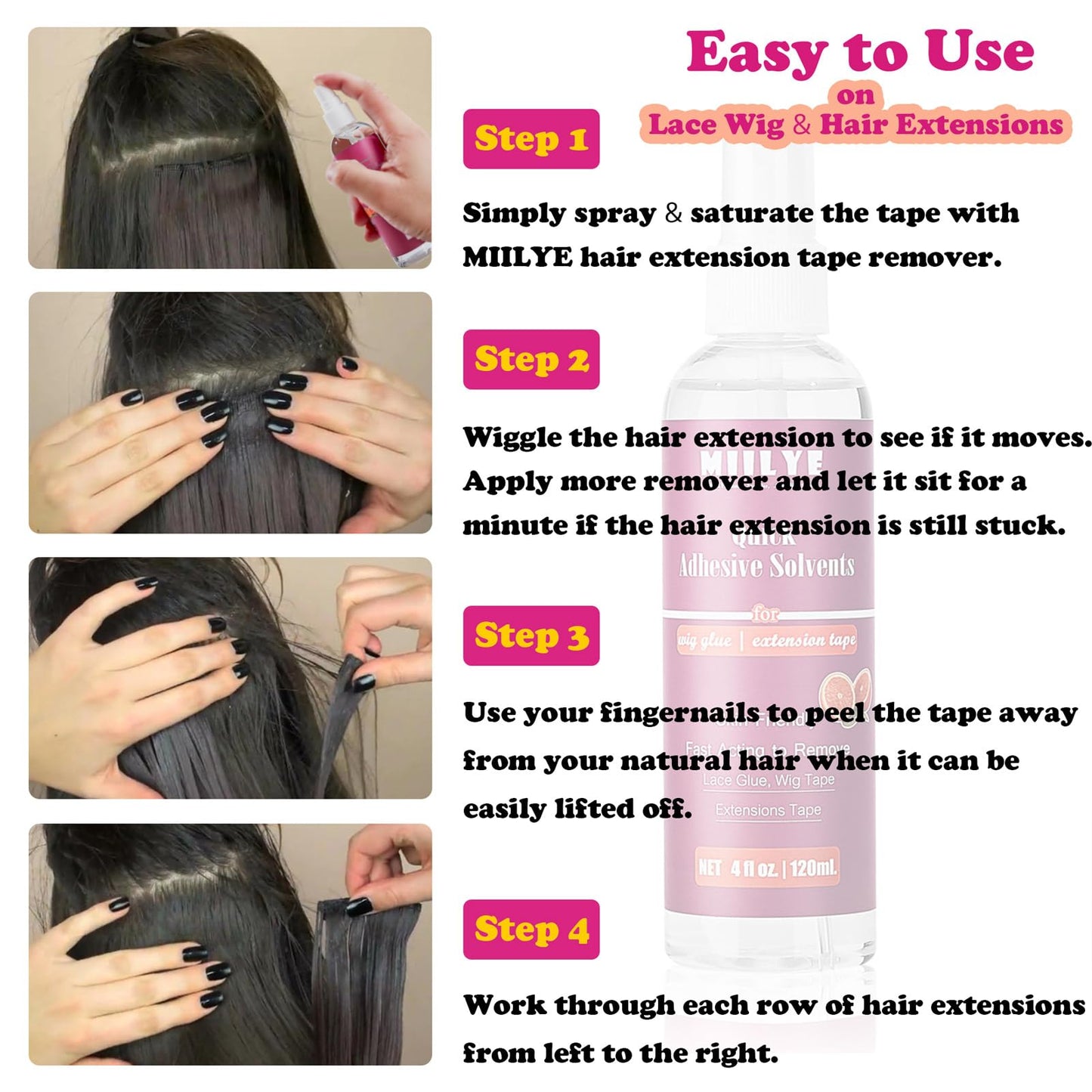 MIILYE Lace Glue Remover/Tape in Extension Remover Spray 4OZ/120ml, Tape in Remover Wig Glue Remover Fast Removes Double Sided Hair Extensions Tape Adhesive| Gentle on Skin| No Greasy| Easy to Clean