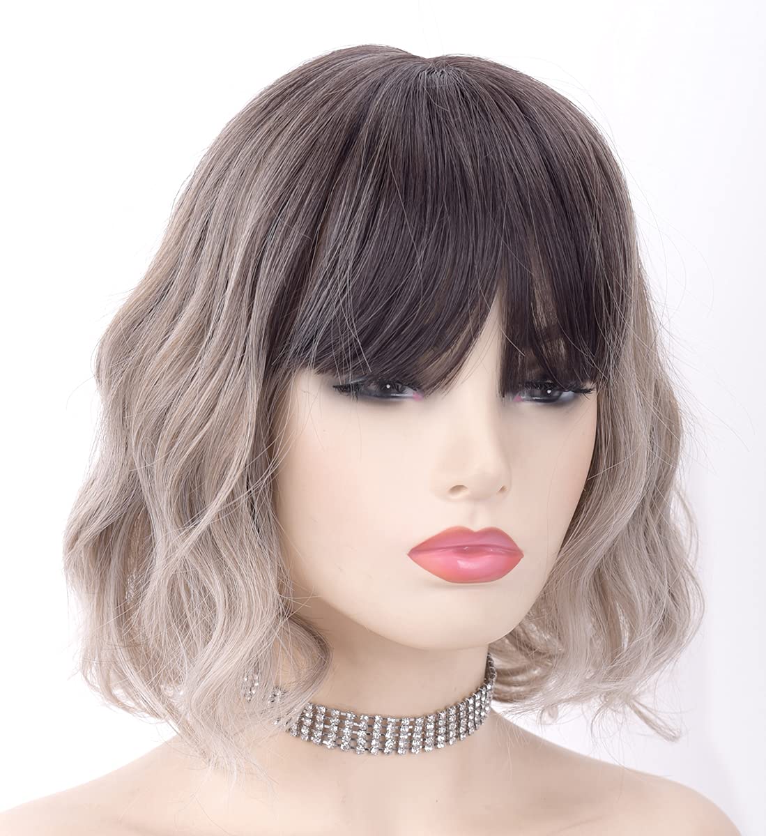 LANOVA Ash Blonde Wig with Bangs, Short Curly Wigs, Ombre Wig, Ombre Brown Blonde Wigs for Women,Synthetic Wig 10 inch LANOVA-134-5