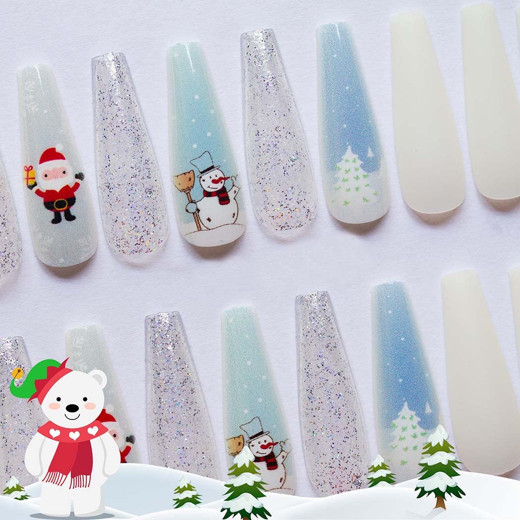 Uranian Coffin Extra Long Press on Nails Snowflake Red Christmas Fake Nails Elk Ballerina Glossy Full Cover False Nails Santa Claus Acrylic Nails Tips for Women and Girls 30 PCS (Pattern-C)